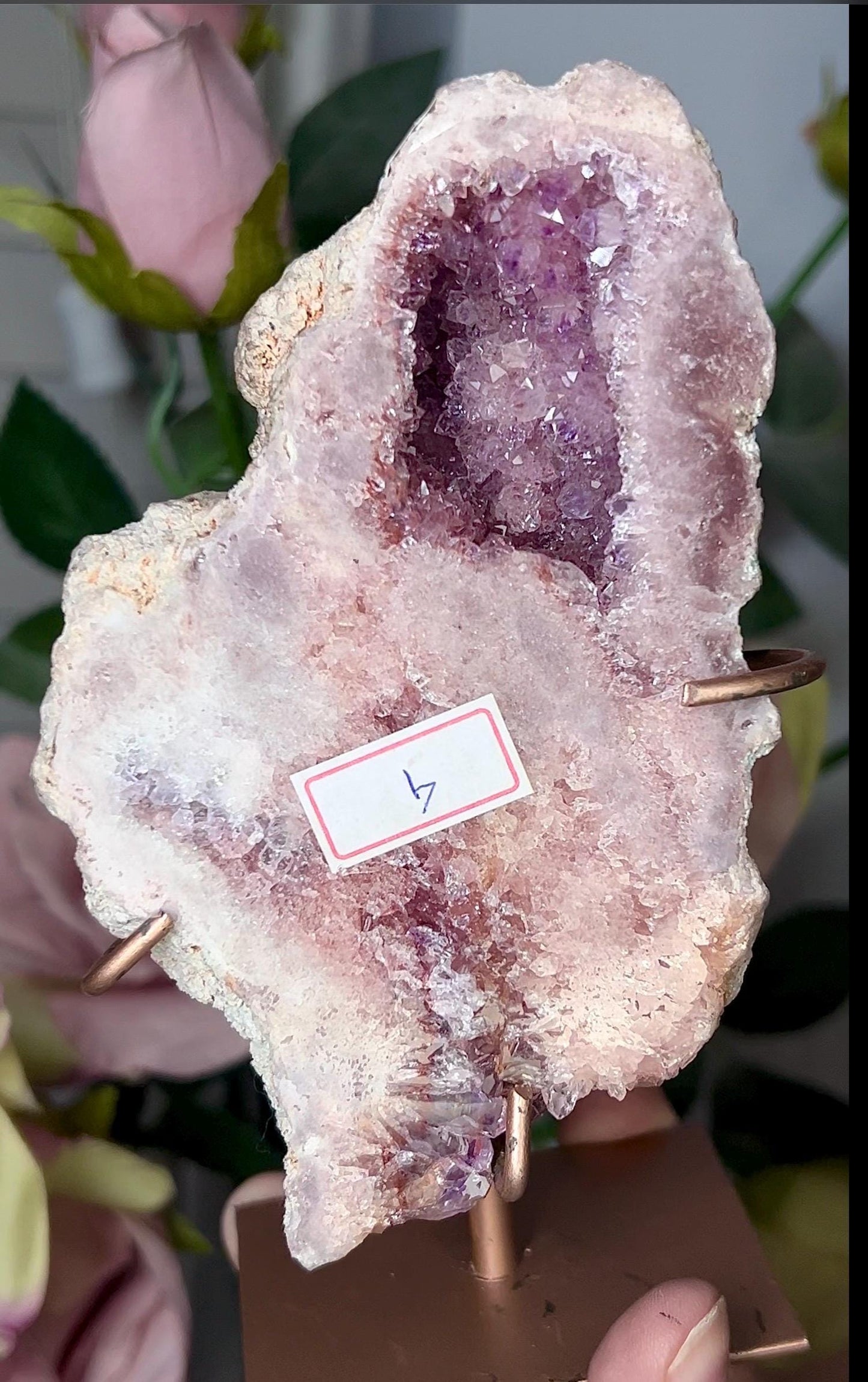 High grade, gorgeous, pink amethyst slab with purple druzy on stand