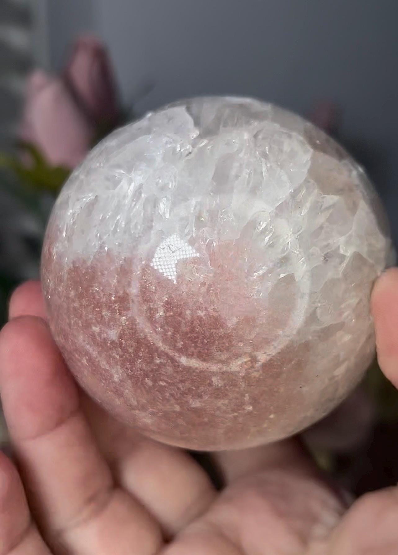 High grade, pink amethyst sphere with quartz 521g