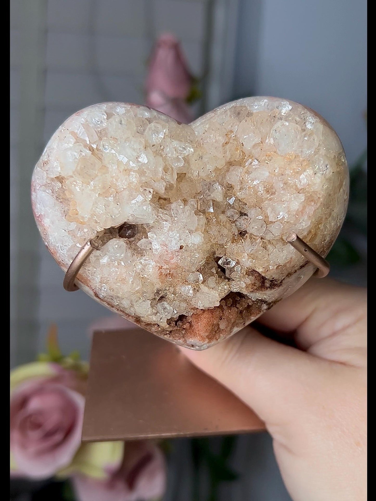 Pink amethyst heart with a high clarity quartz with stand