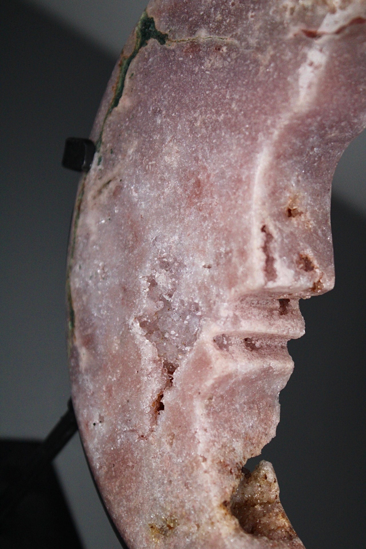 High quality, Pink amethyst, crescent moon with face, on stand from brazil with green jasper vein