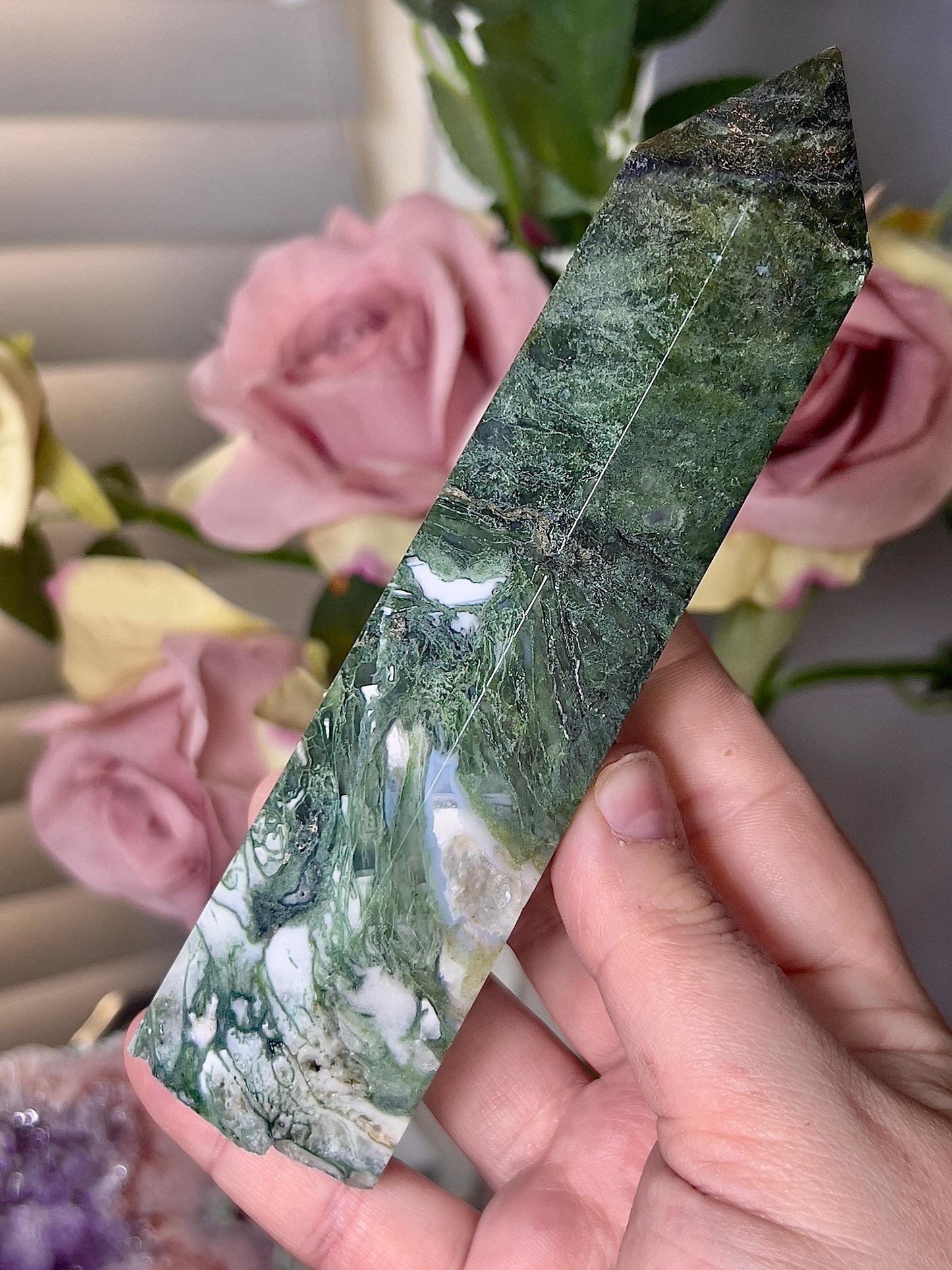Large, moss agate & quartz tower