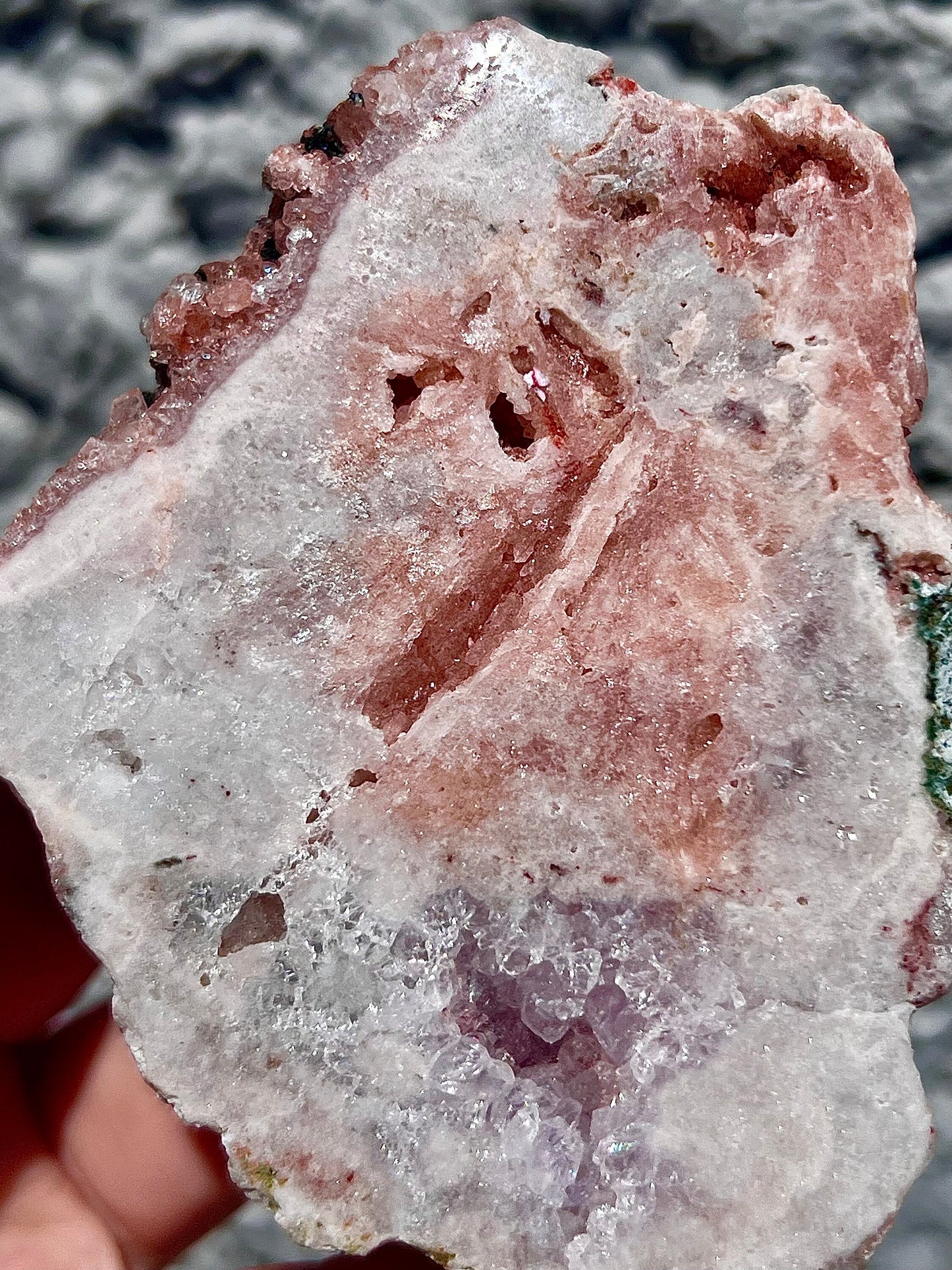 high quality pink amethyst slab with peach and purple tones and rutile formations