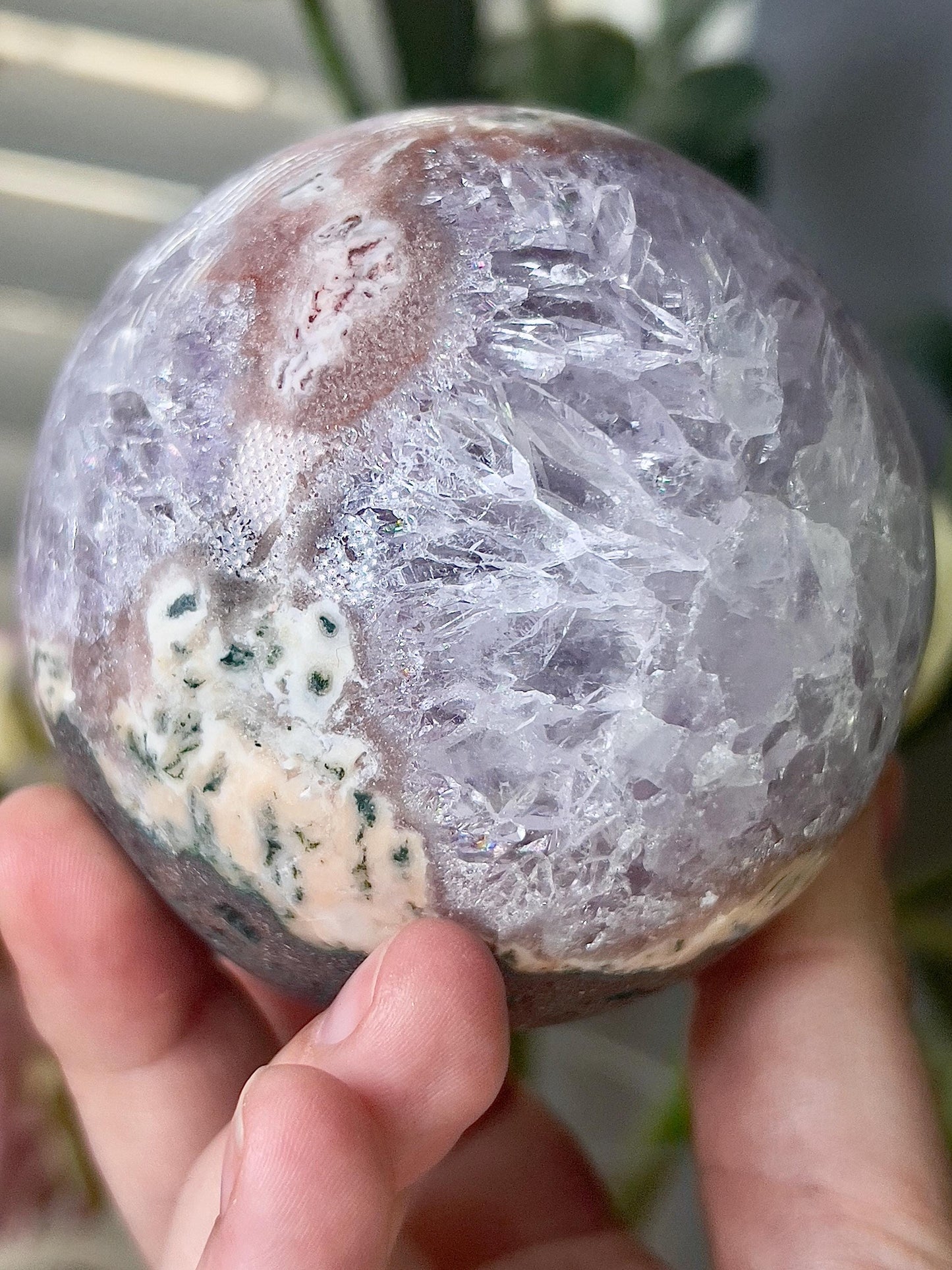 high grade, gorgeous pink amethyst sphere, with incredible quartz druzy