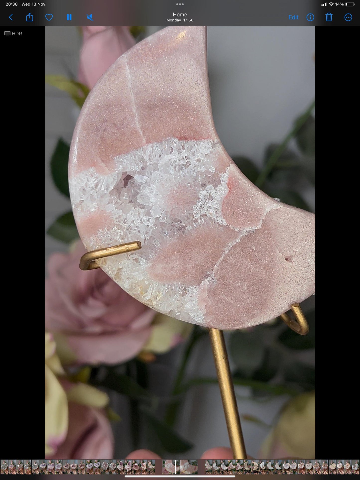 High grade, pink amethyst moon with quartz flowers and red hematite lining