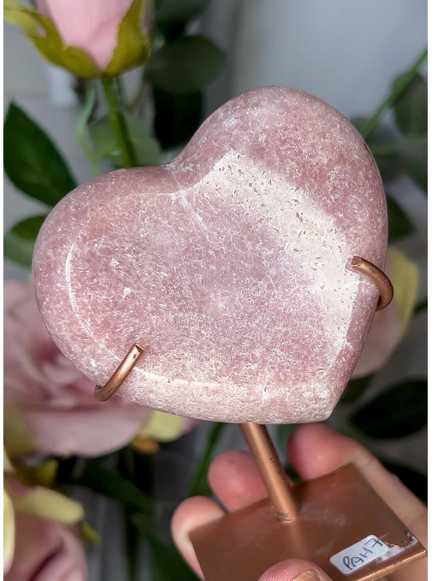 High grade, perfect pink amethyst heart on stand which may be scratched but can easily be repainted