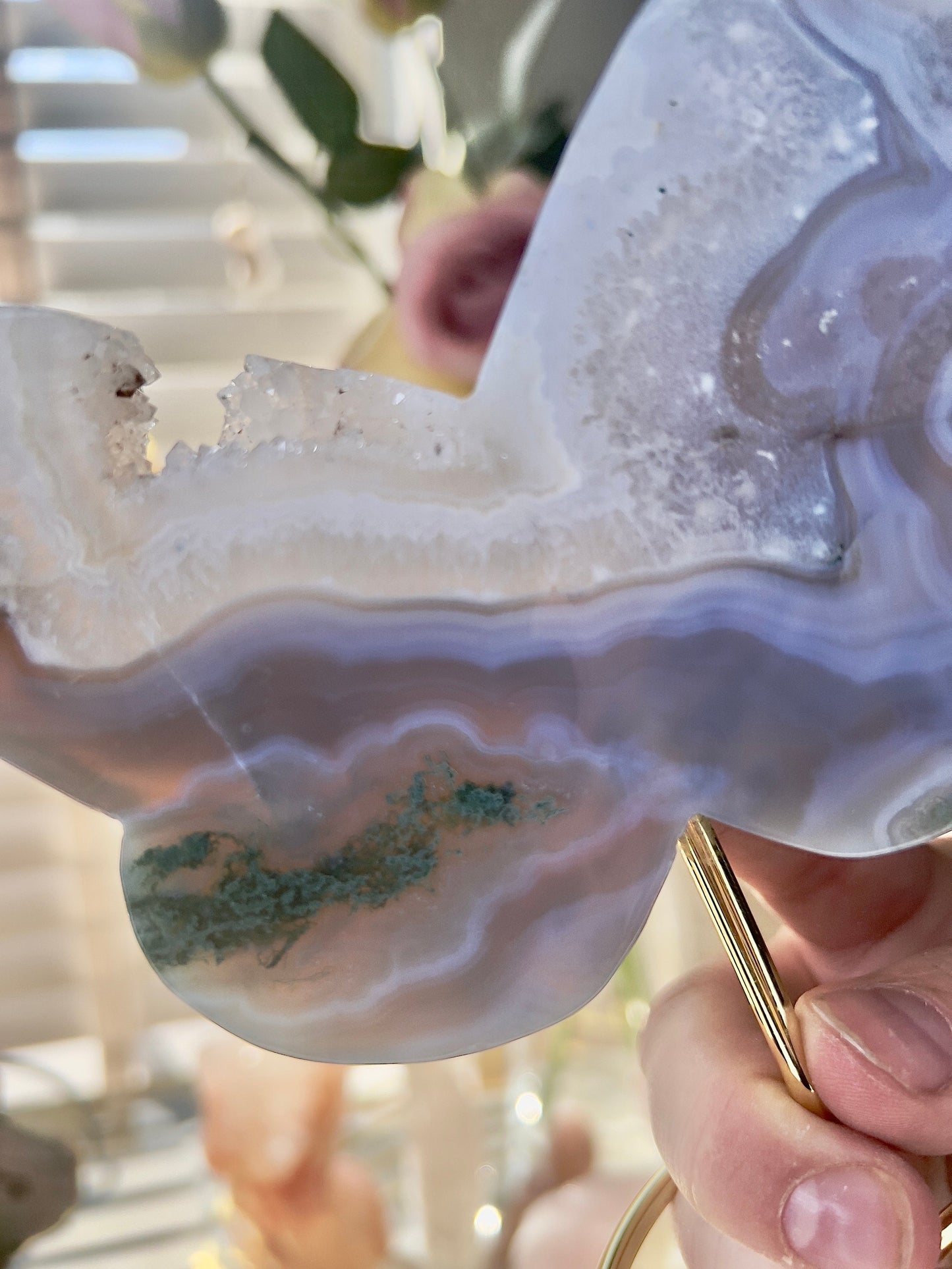 High grade, blue moss agate & quartz, butterfly with, gold pedestal stand