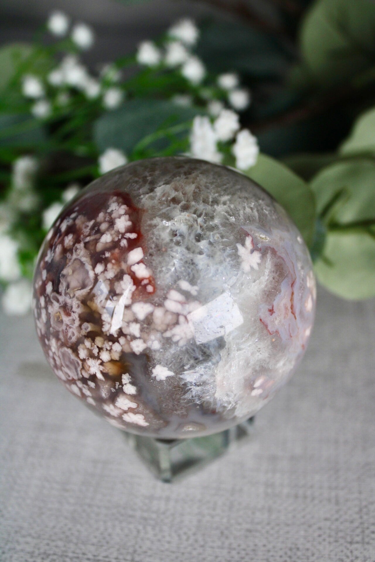 High quality, chlorite x flower agate sphere 535G 7CM