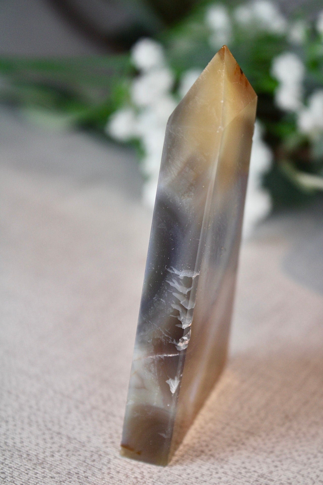 Natural agate tower slice with amethyst druzy