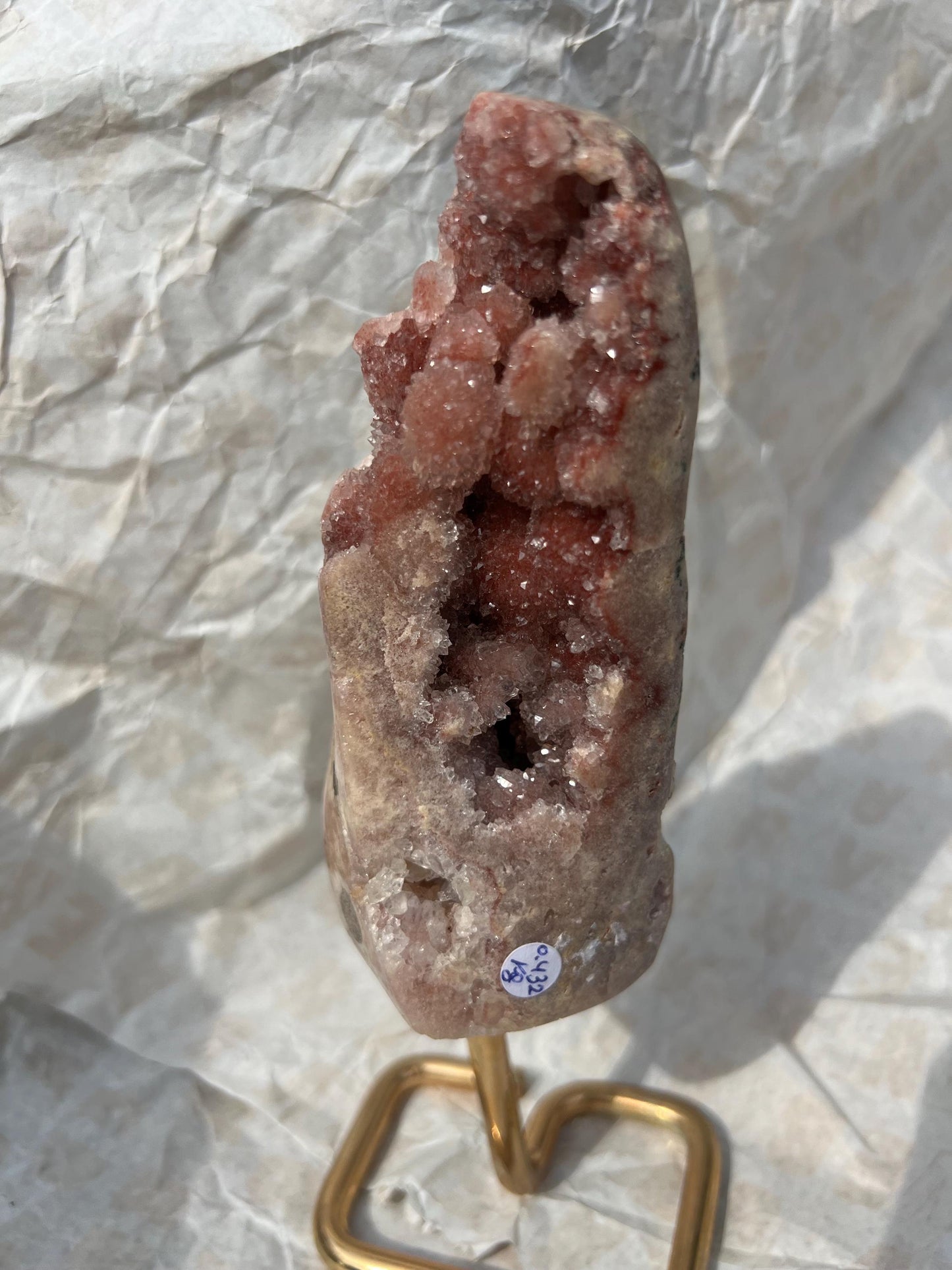 high grade, pink amethyst, bubble Freeform with red sugar druzy on stand 0.432g