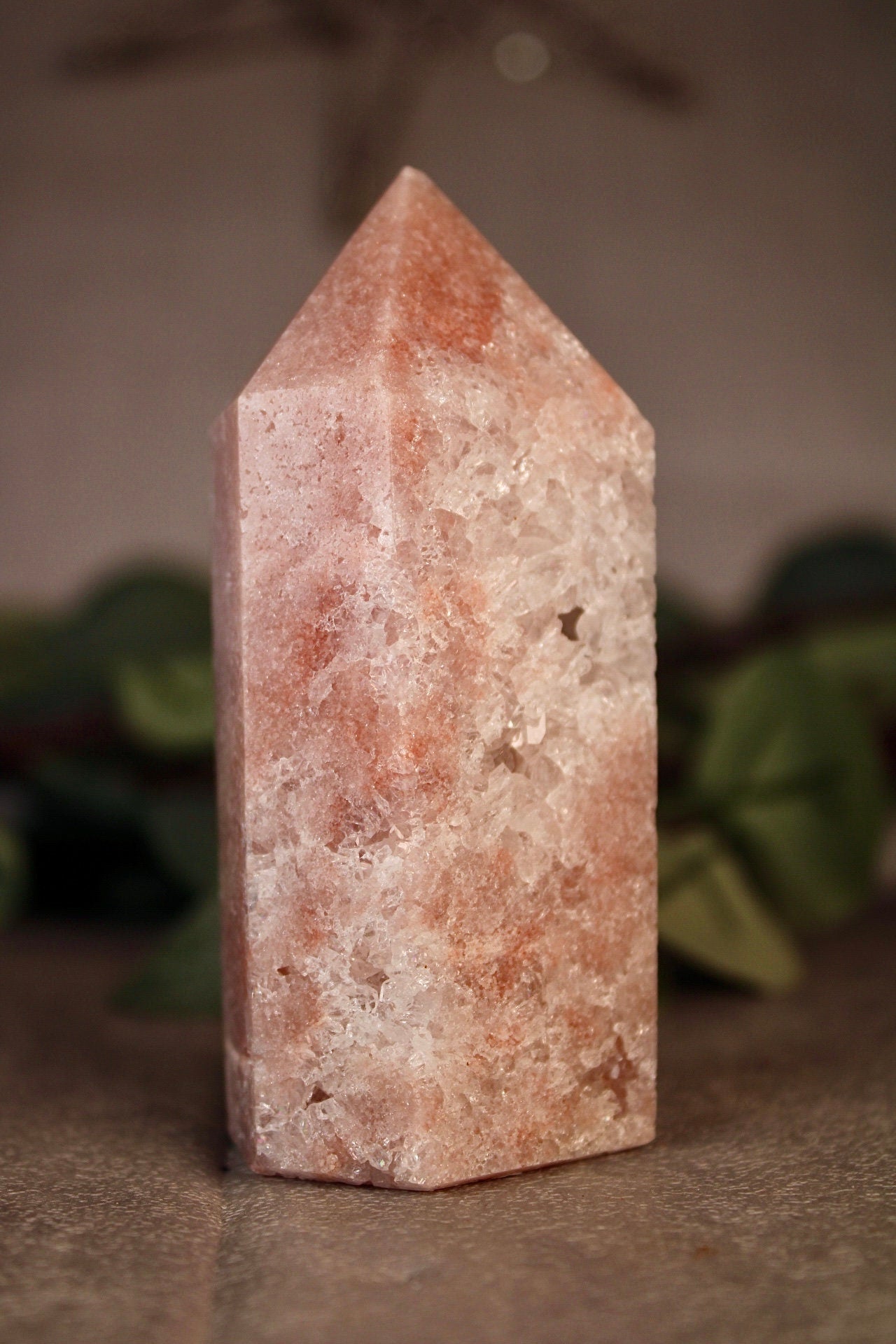 Pink amethyst tower with quartz druzy 260g 10cm high