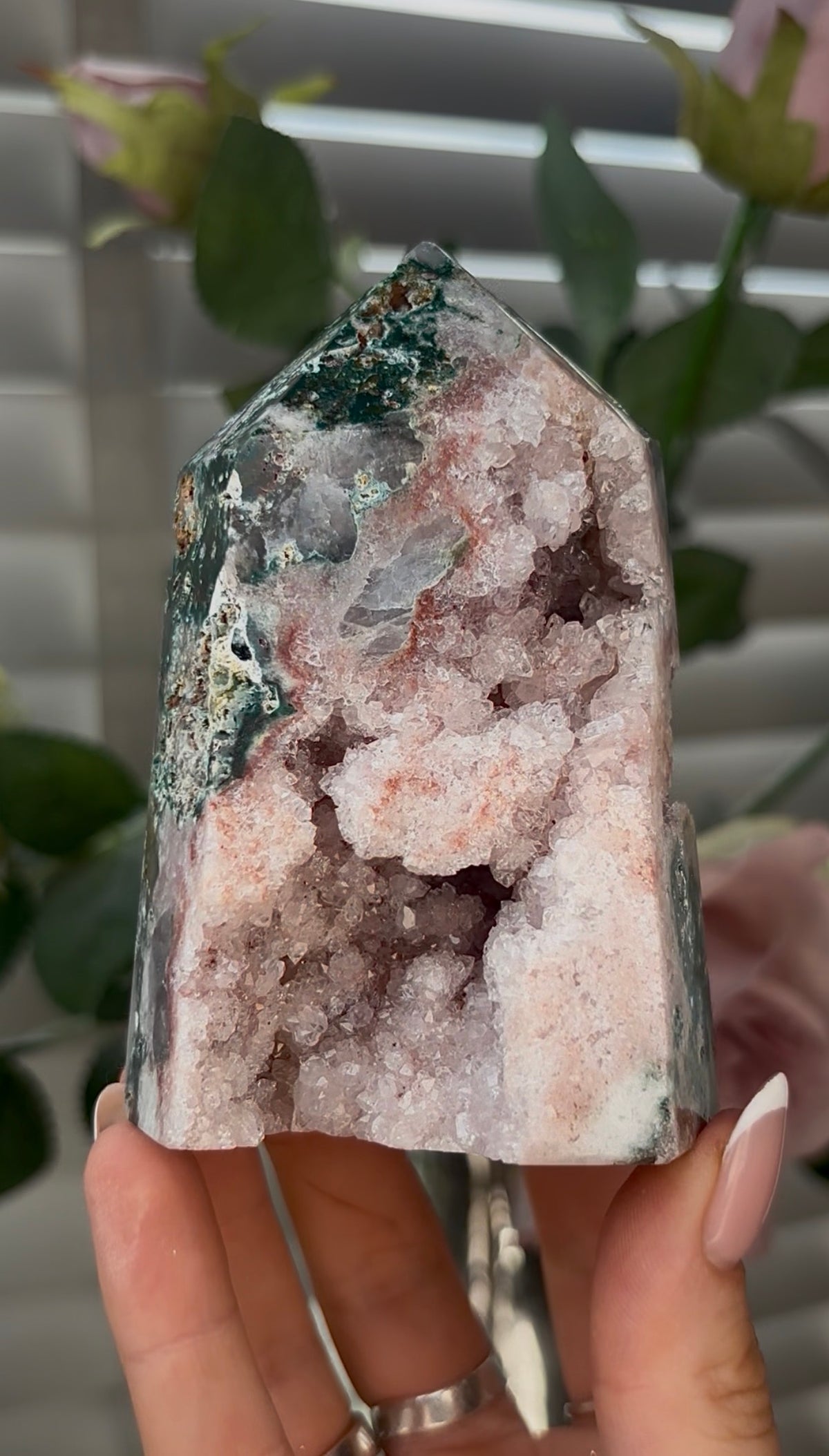 Beautiful, high quality, Pink amethyst tower with Jasper 10.2cm(h) by 6.5cm(w)