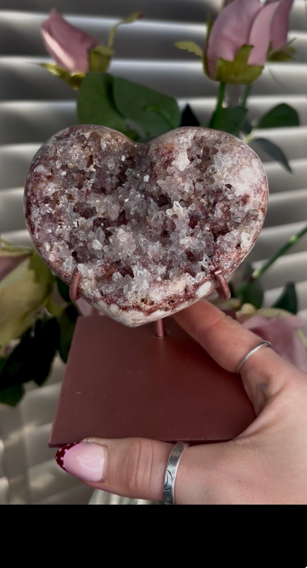 pink amethyst heart with quartz Druze- comes with stand