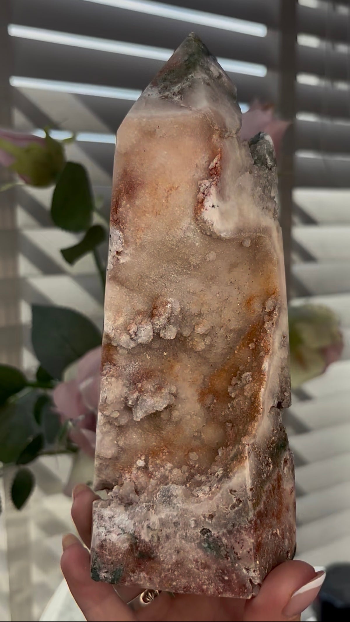 Beautiful, Pink amethyst tower with Jasper 19.5cm(h) by 7.5cm(w)