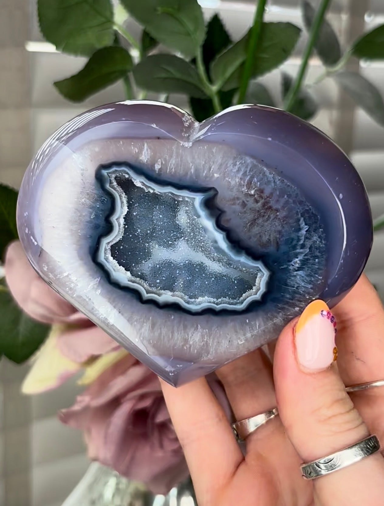 Gorgeous, blue agate heart, with druzy ( I believe this heart is part dyed & part natural) - comes with stand