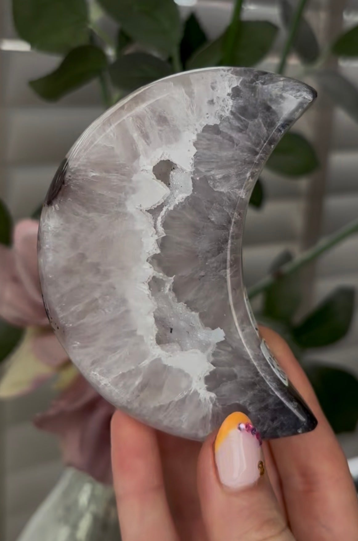 Beautiful, high grade, agate moon with druzy - comes with stand
