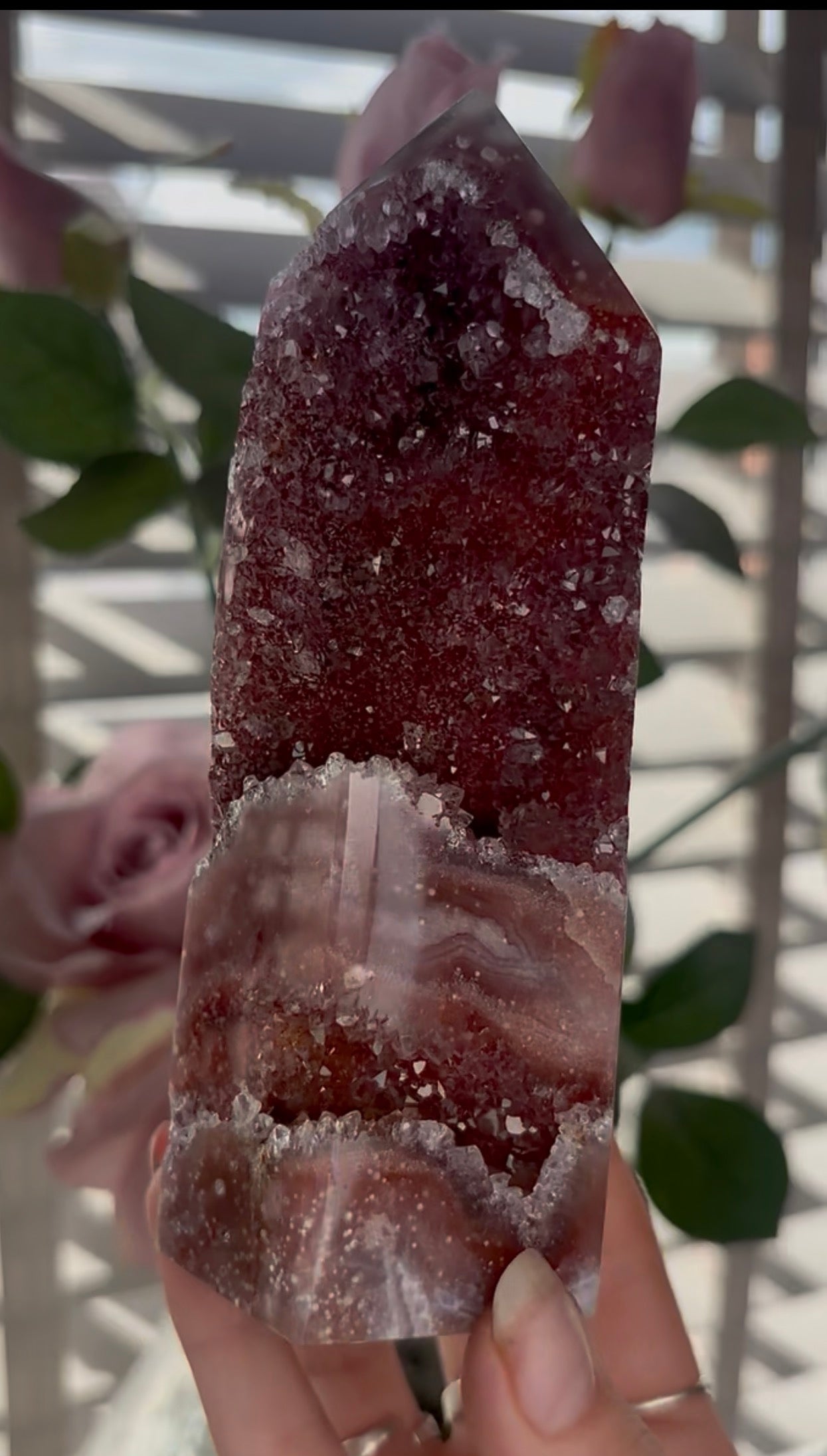 Incredible, high quality, Pink amethyst tower in red tones with sugar druzy