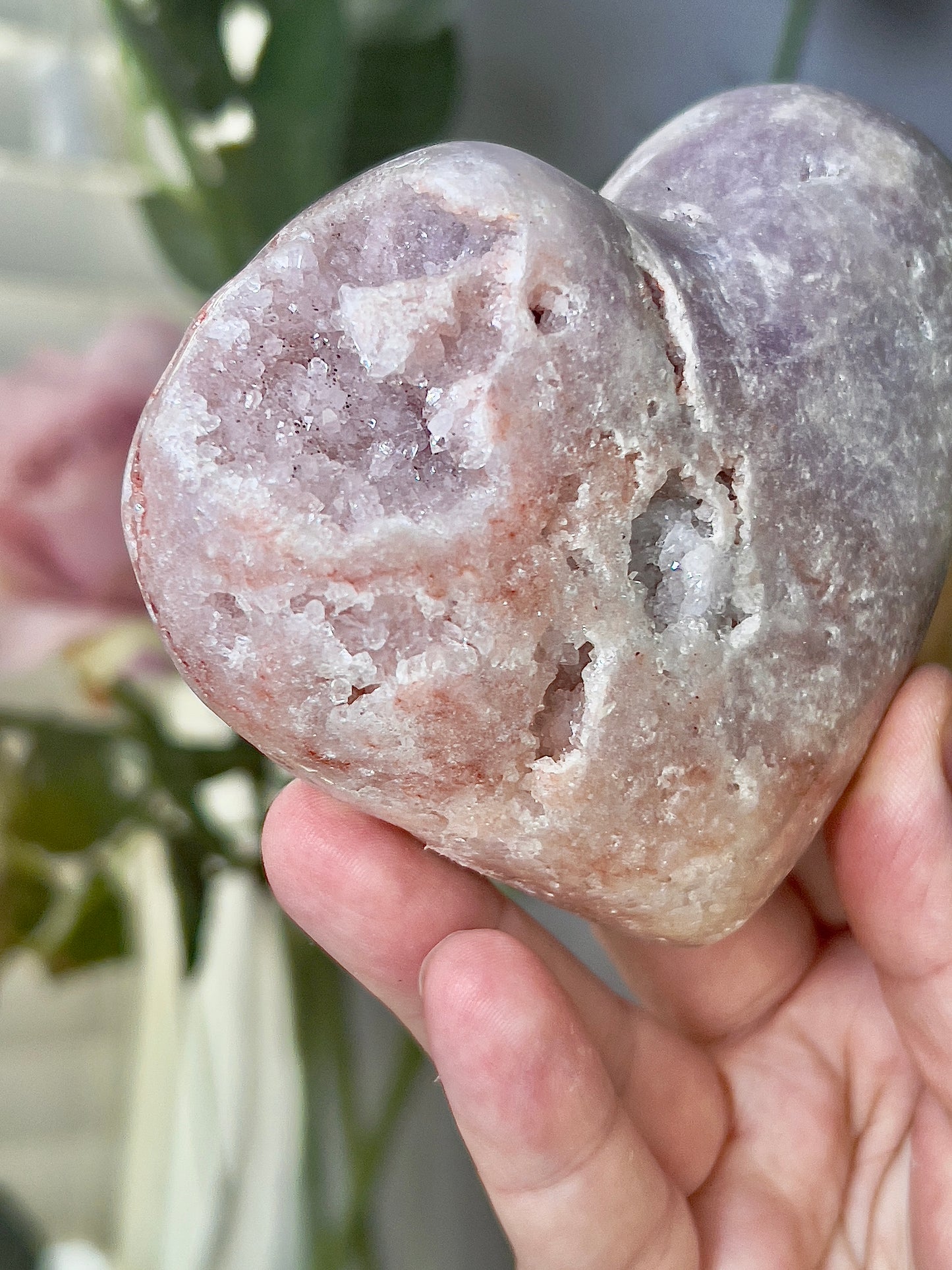 Chunky, druzy, pink amethyst heart - comes with stand