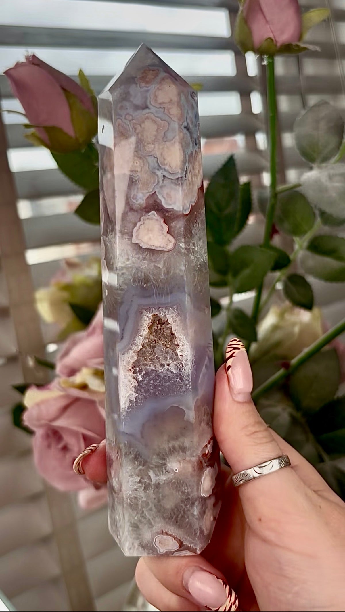 Stunning!! Super high quality, Druzy, green chlorite x blue flower agate tower