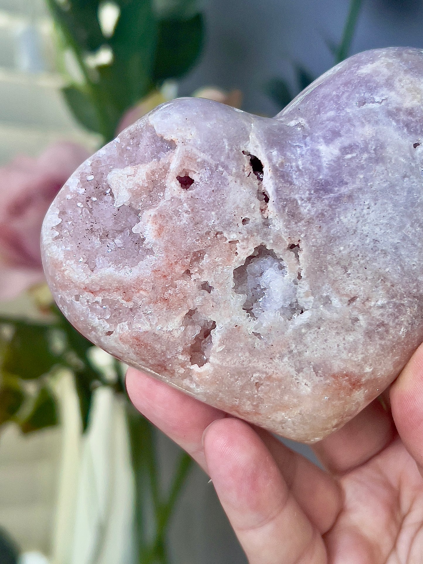 Chunky, druzy, pink amethyst heart - comes with stand