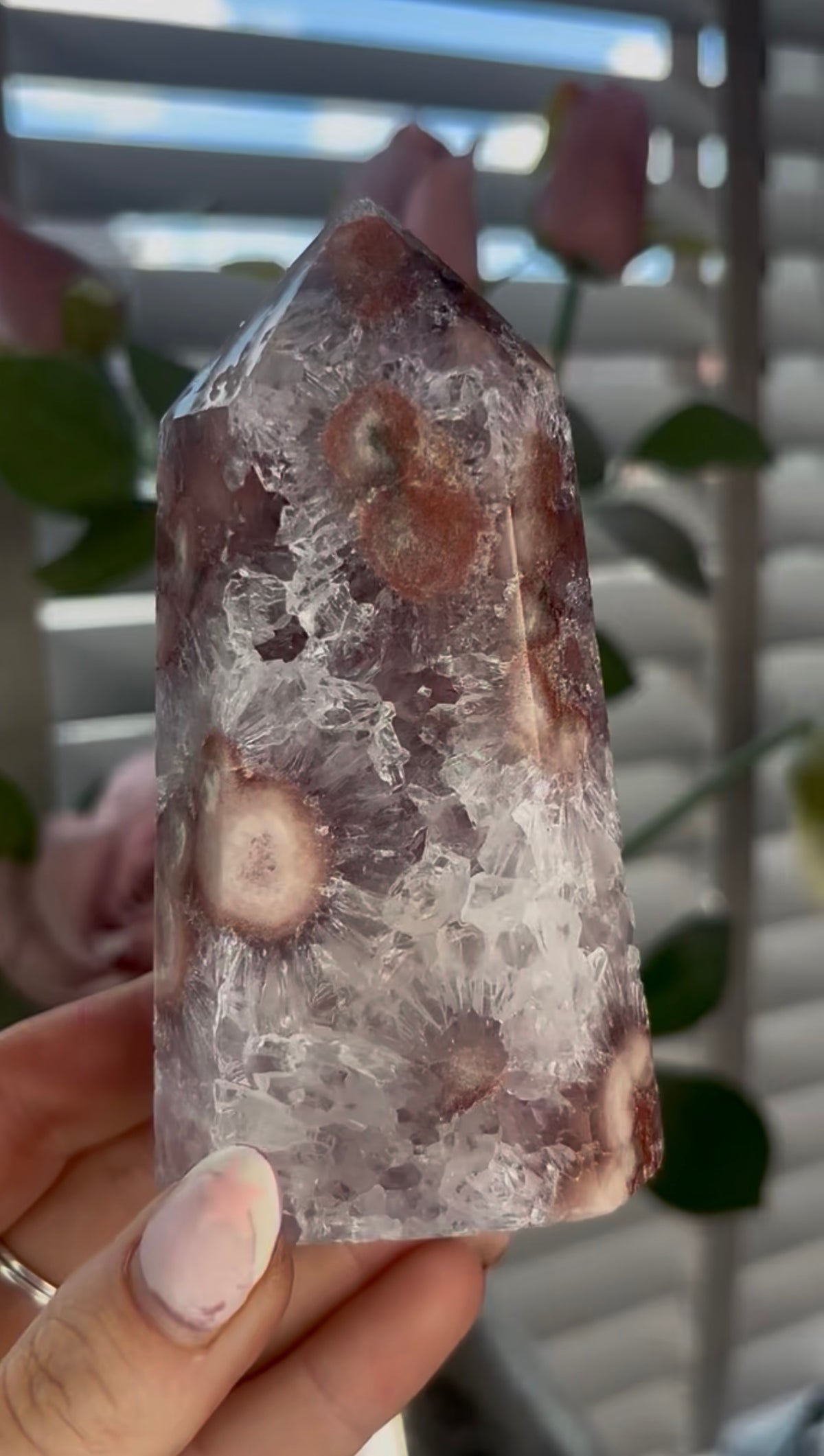 Beautiful, high quality, Pink amethyst tower with quartz & flower formations