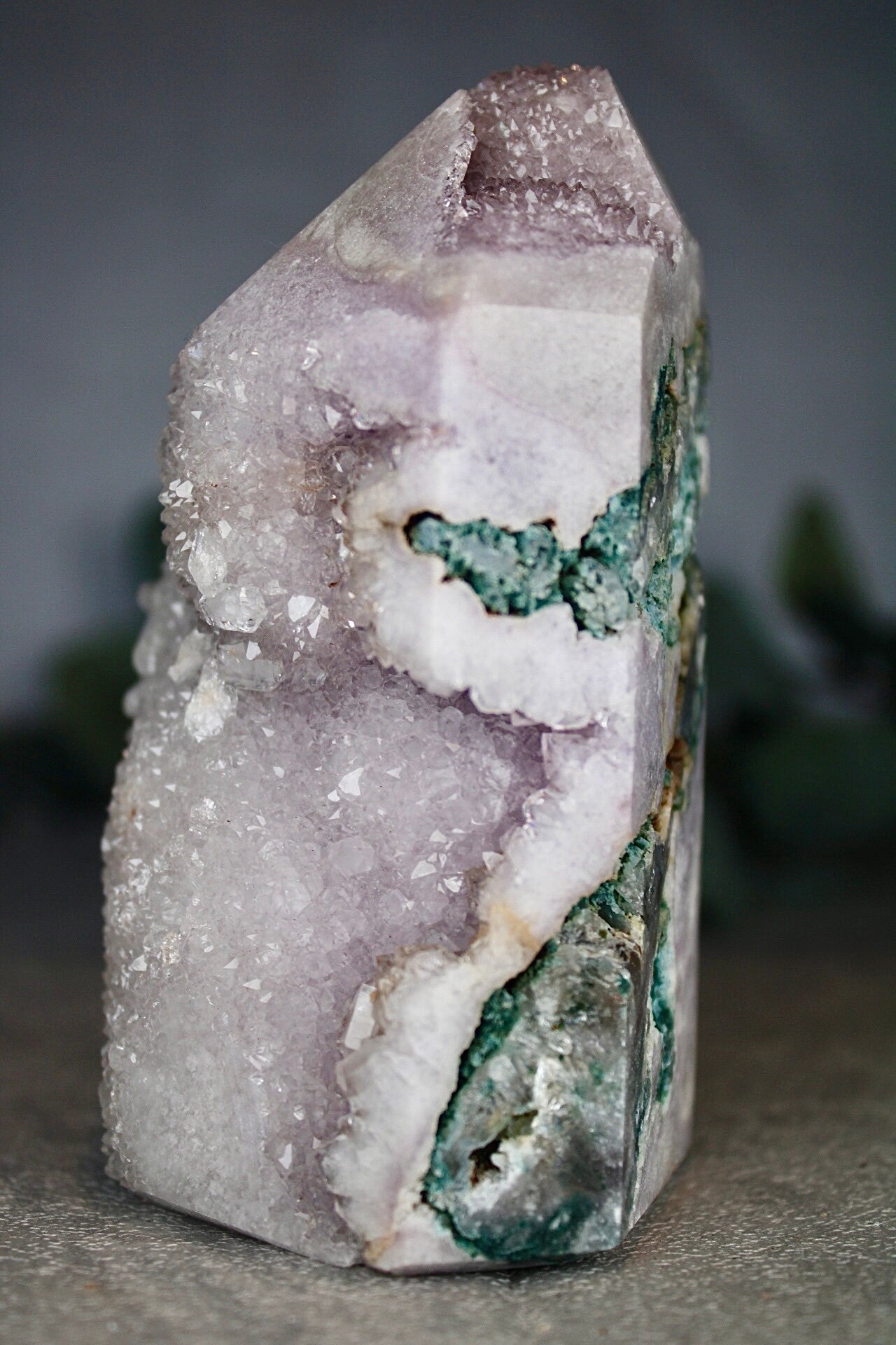 Light purple, pink amethyst tower full of druzy and green jasper 615g 11.5cm(H) 6.5cm(w)