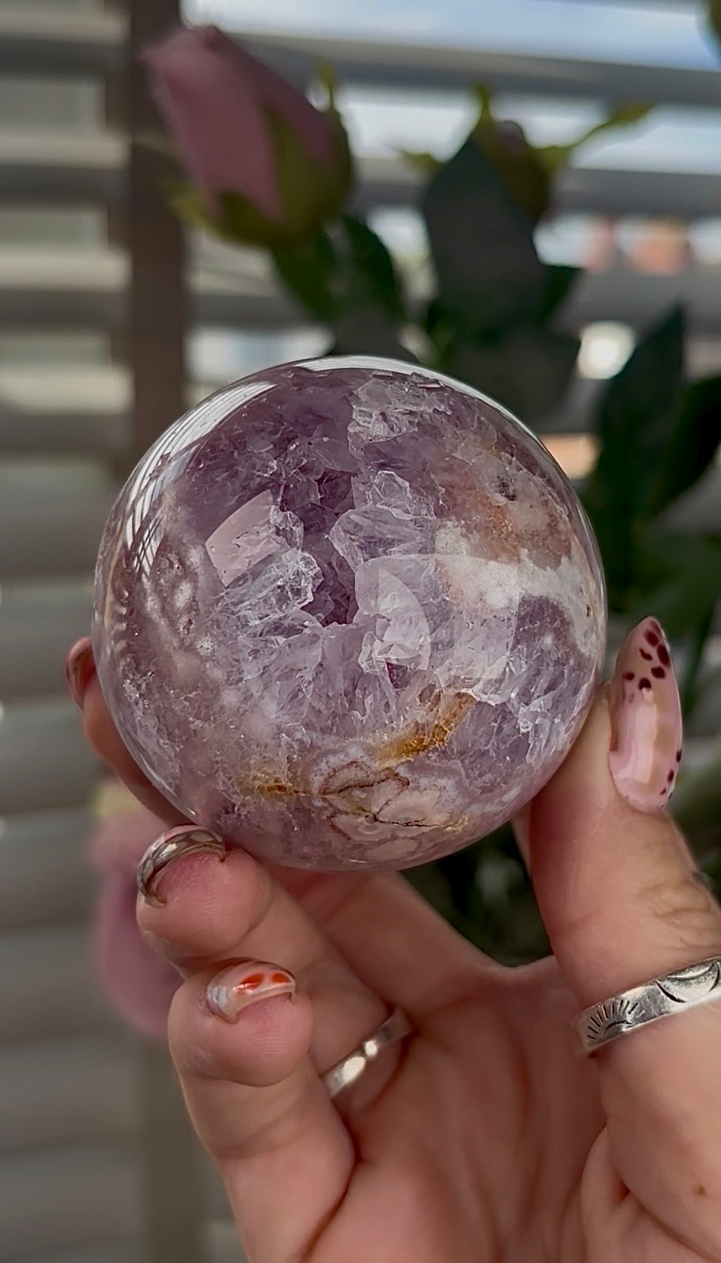 High grade, Pink amethyst Flower agate sphere with druzy quartz- 5.5cm