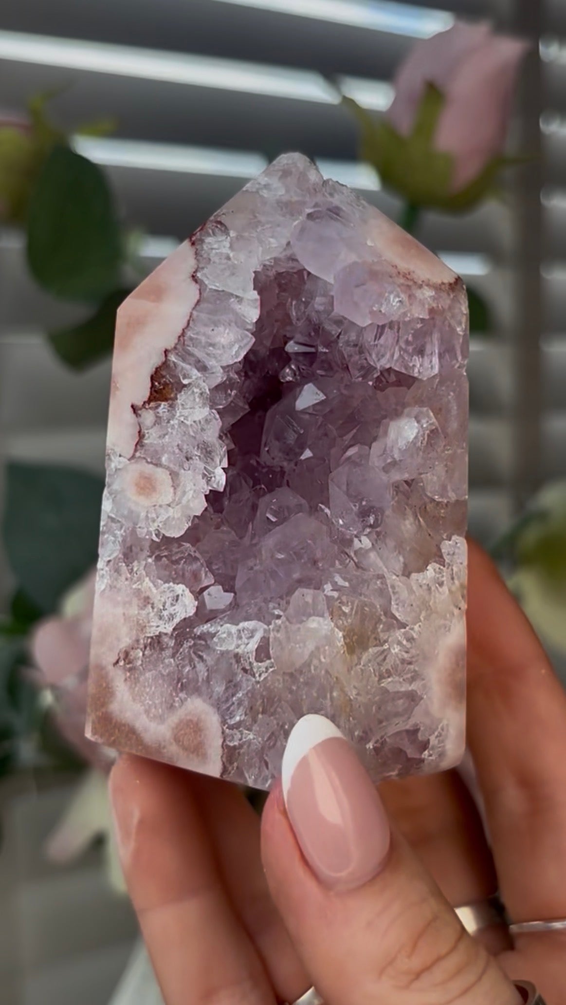 Beautiful, high quality, Pink amethyst tower with quartz 8.5cm(h) by 5.5cm(w)