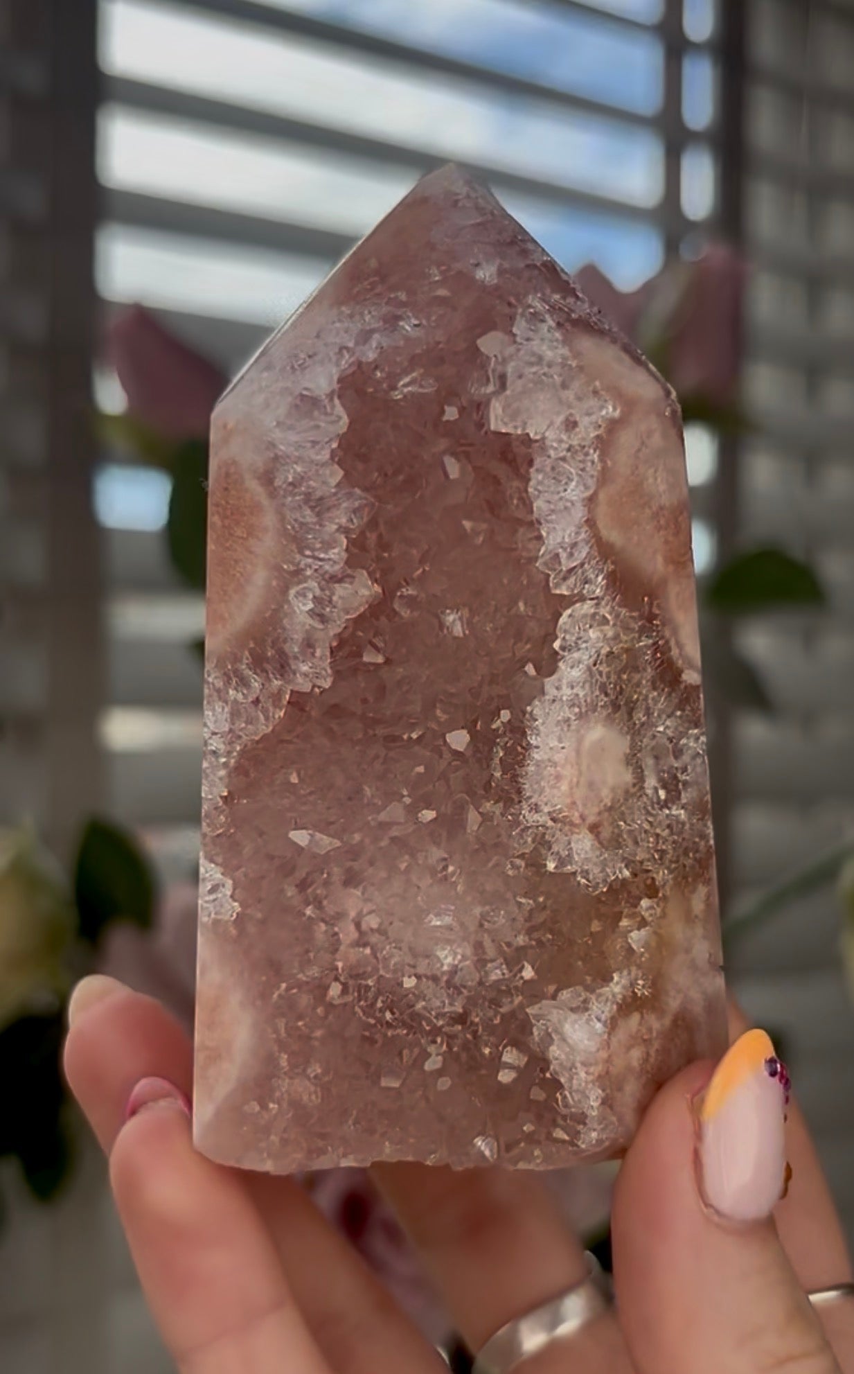 Beautiful, high quality, Pink amethyst tower in peach tone