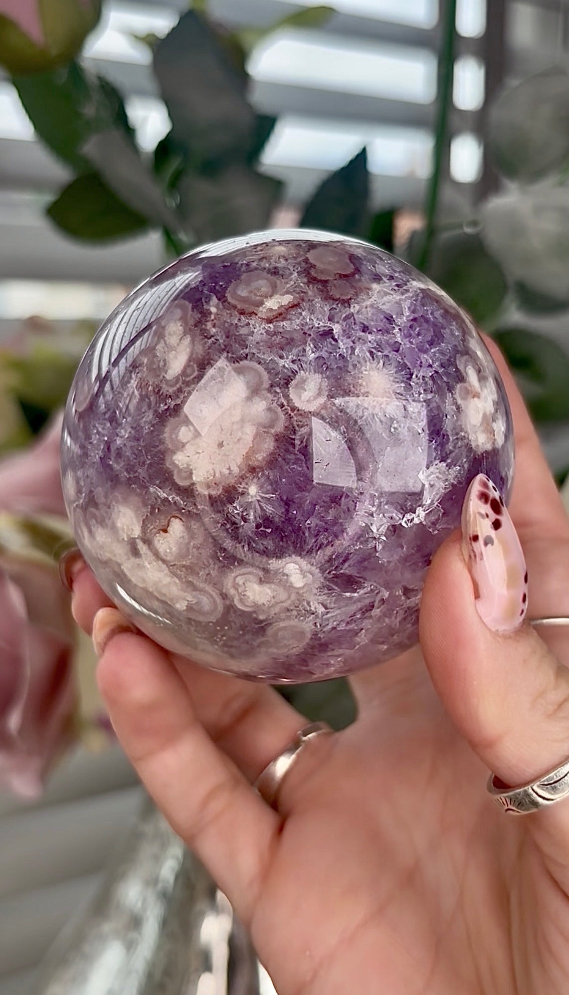 High grade, Amethyst Flower agate sphere 7.5cm 585g