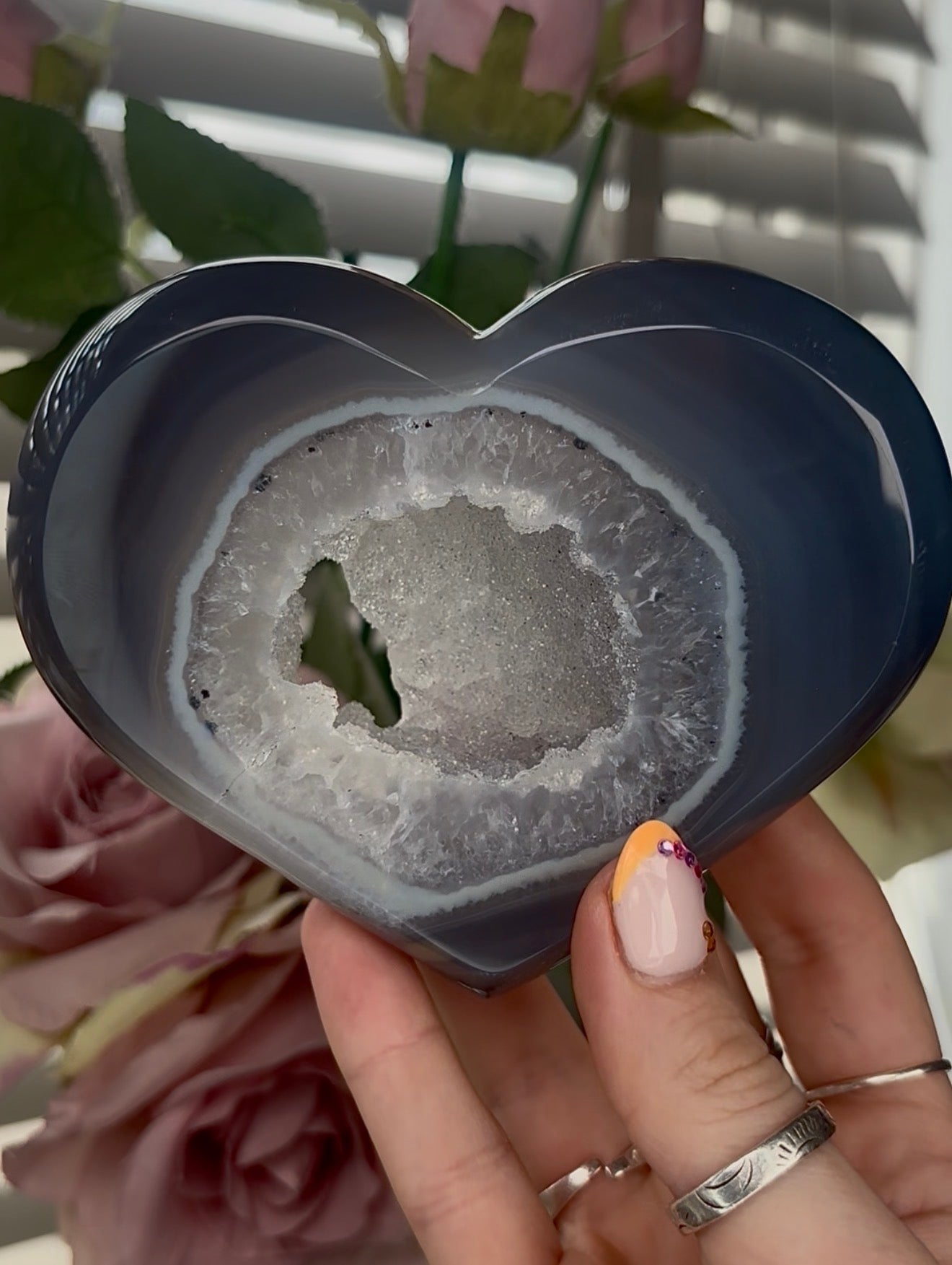 Beautiful, high quality, blue agate heart with druzy - stand included