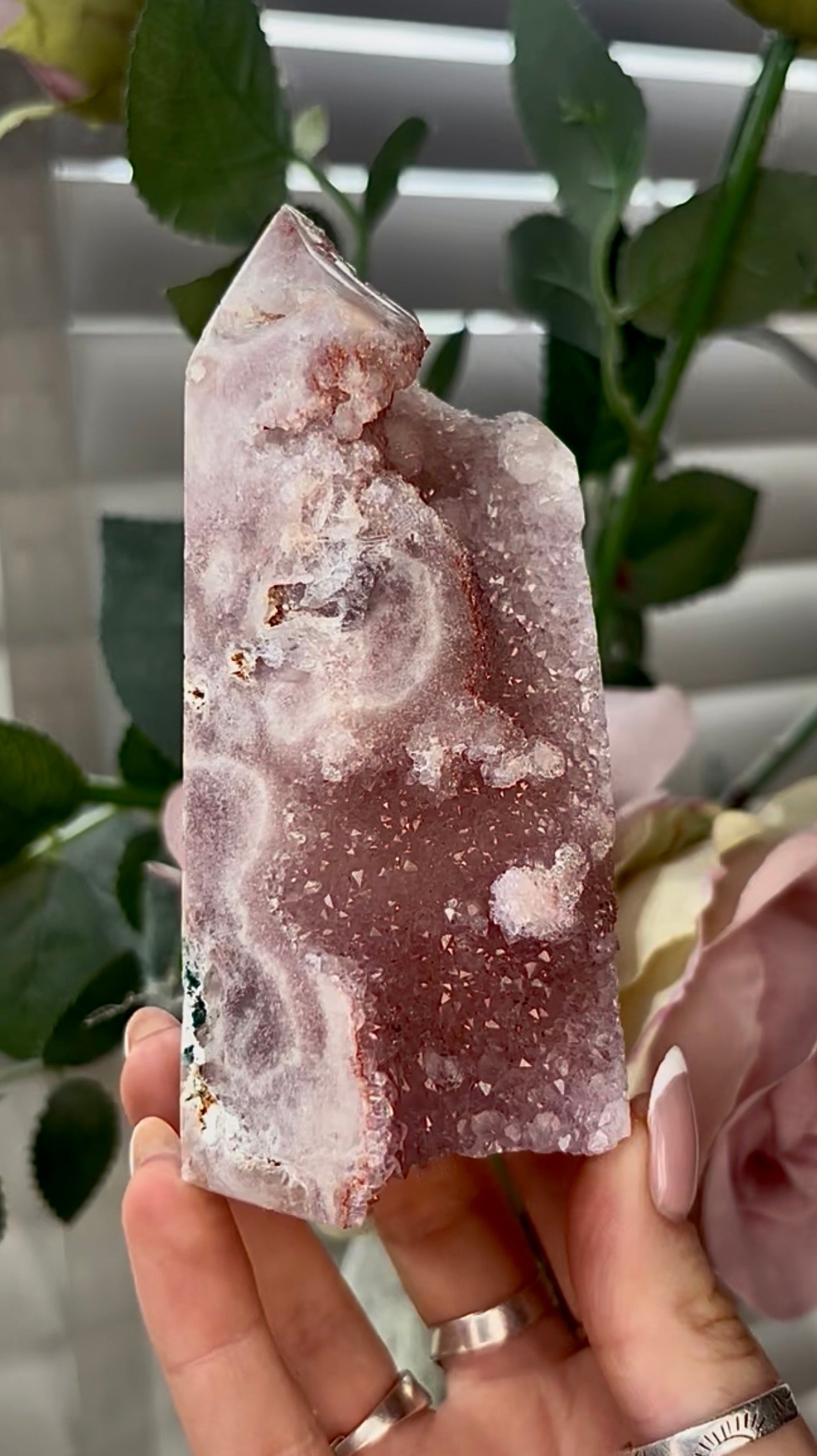 Beautiful, hq, druzy, Pink amethyst tower 11.7cm(h) by 5.4cm(w)