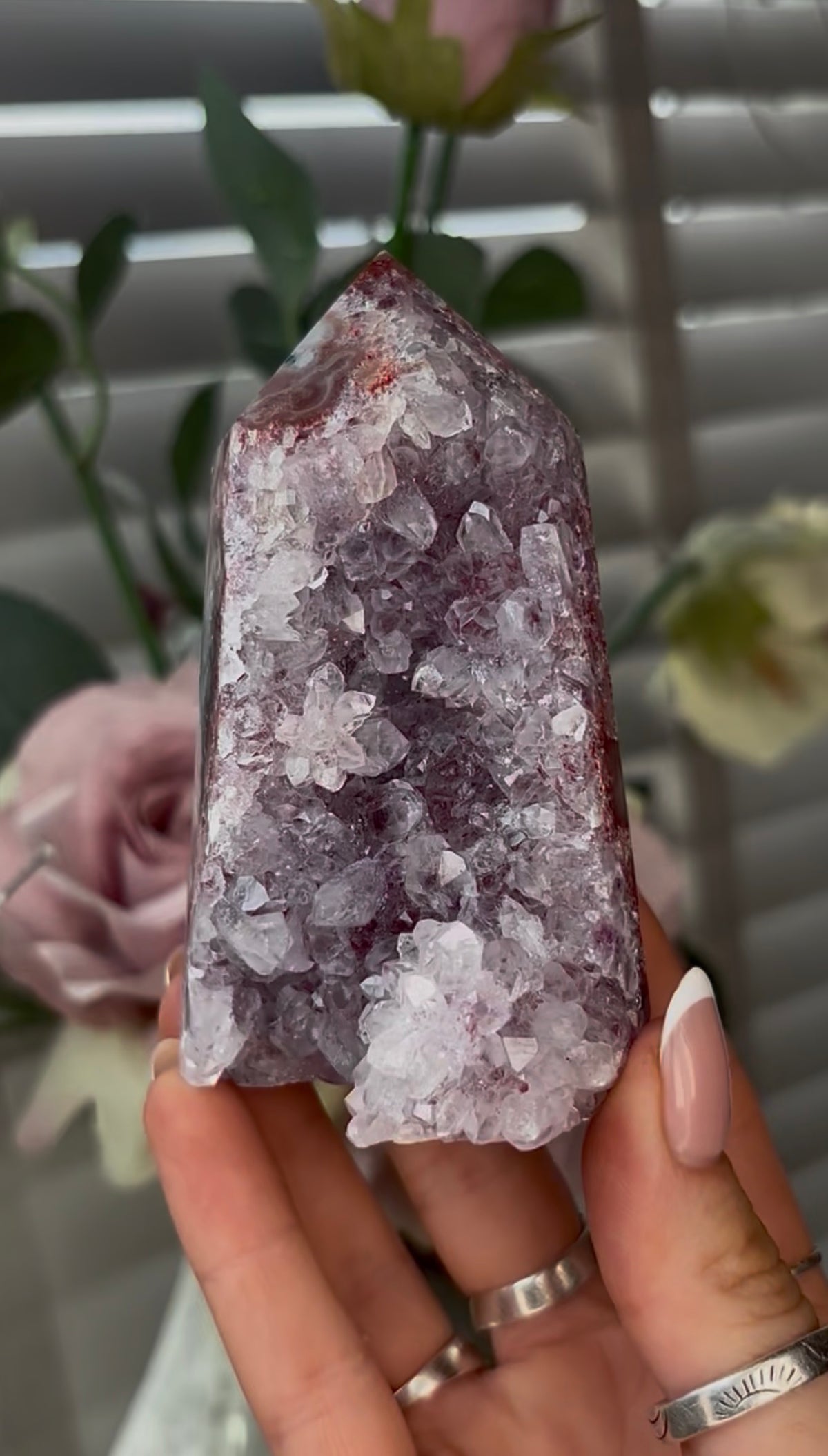 Beautiful, hq, druzy, Pink amethyst tower 10cm(h) by 6cm(w)