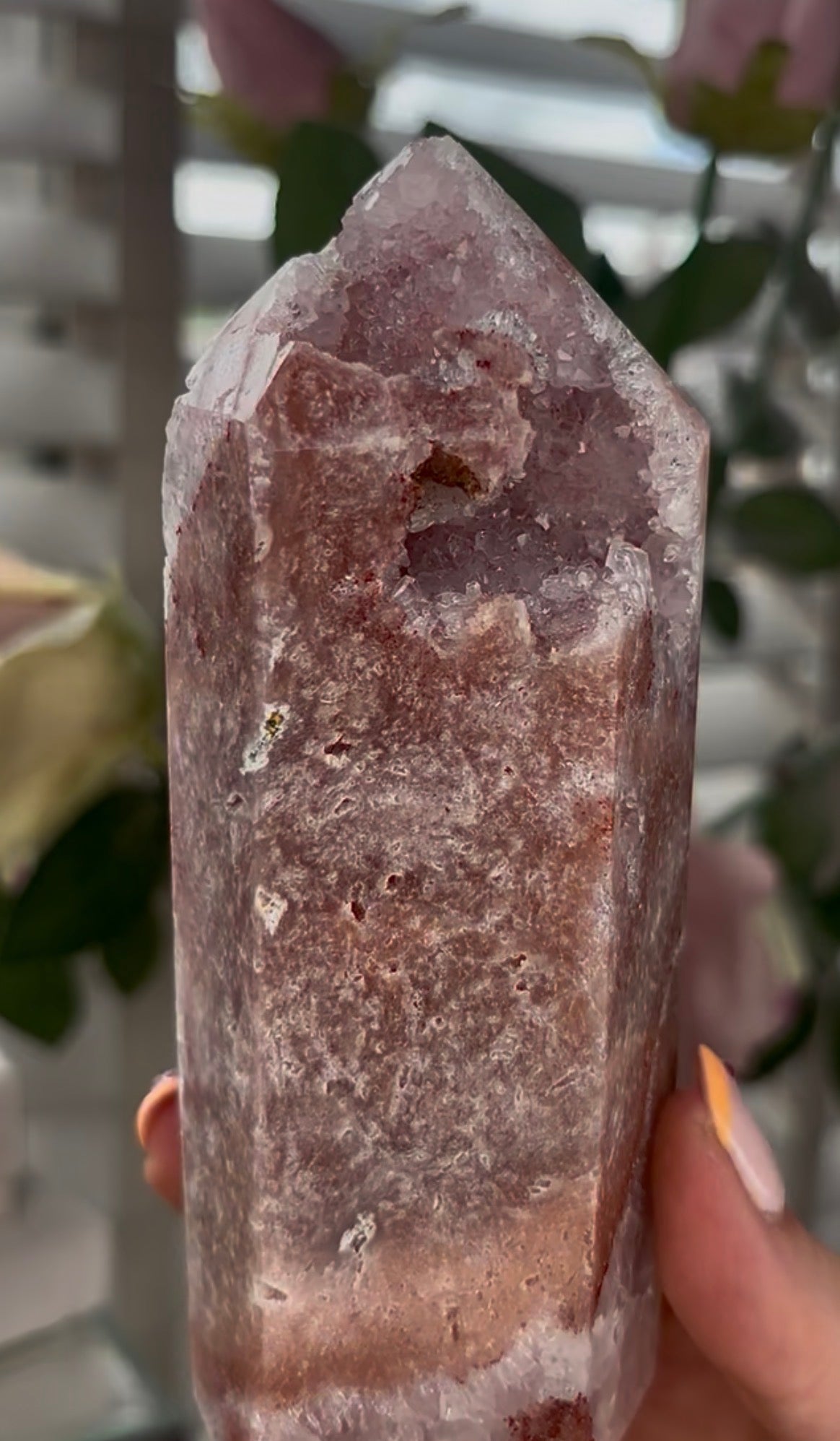 Pretty, Pink amethyst tower with quartz druzy