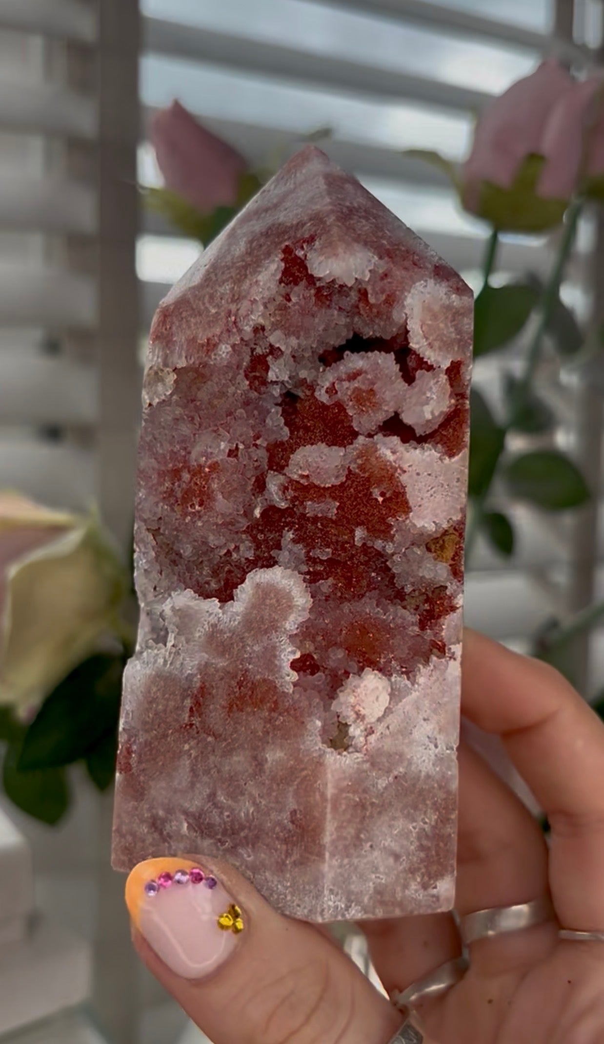 Pretty, high quality, Pink amethyst tower, in a red tone