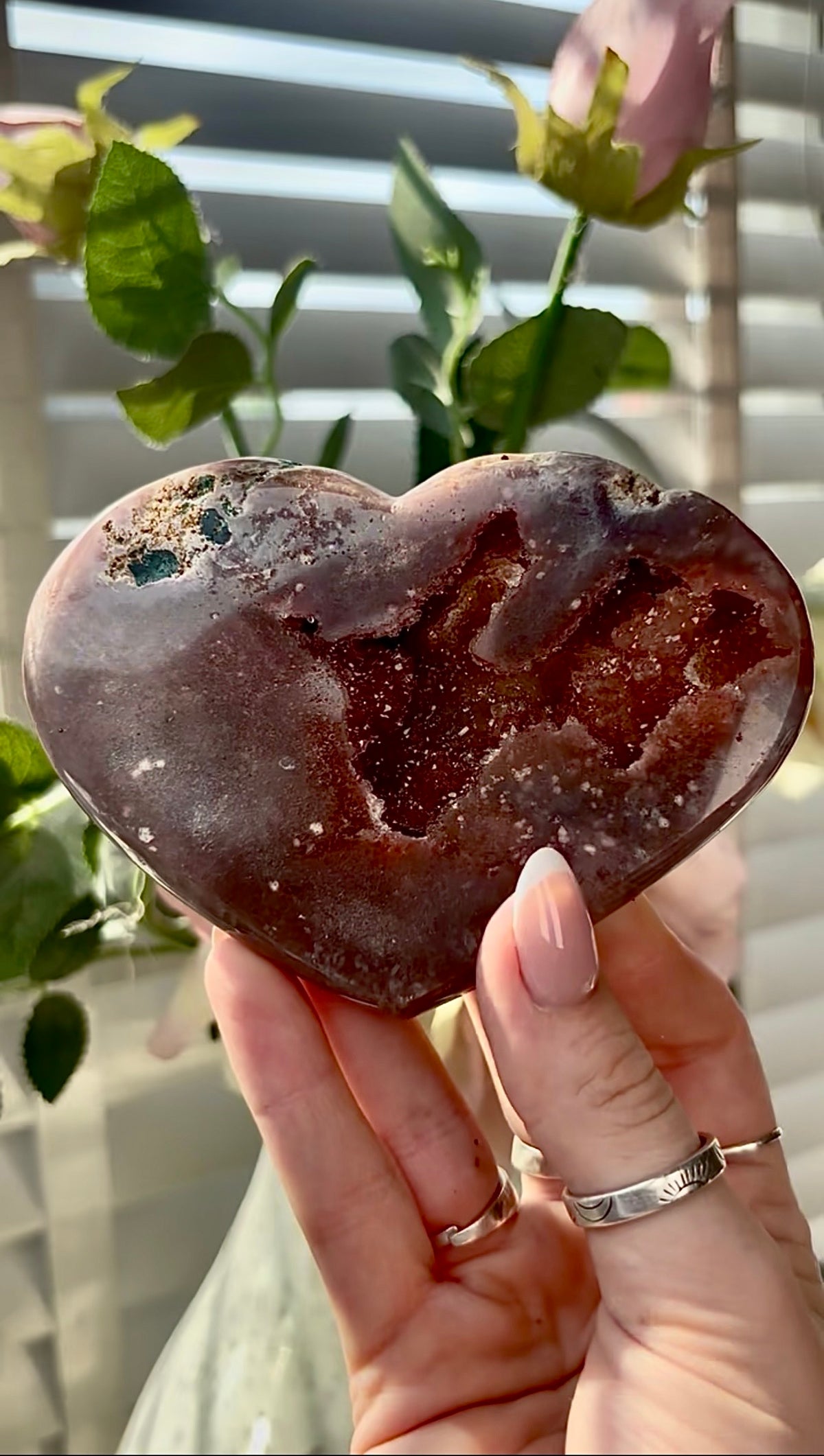 Gorgeous, high quality, berry red pink amethyst heart- comes with stand