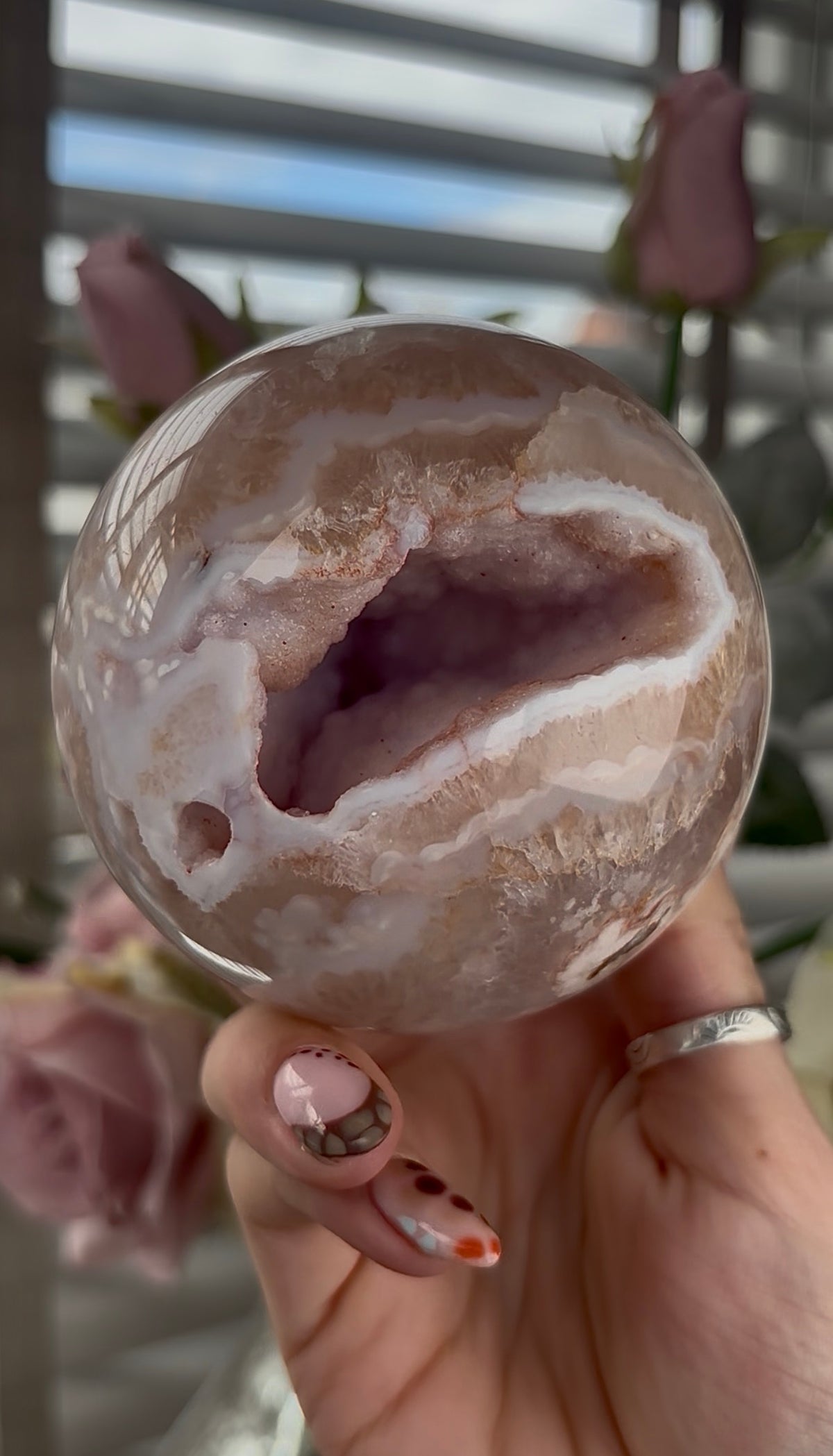 High grade, amethyst Flower agate sphere with high clarity quartz 8.5cm