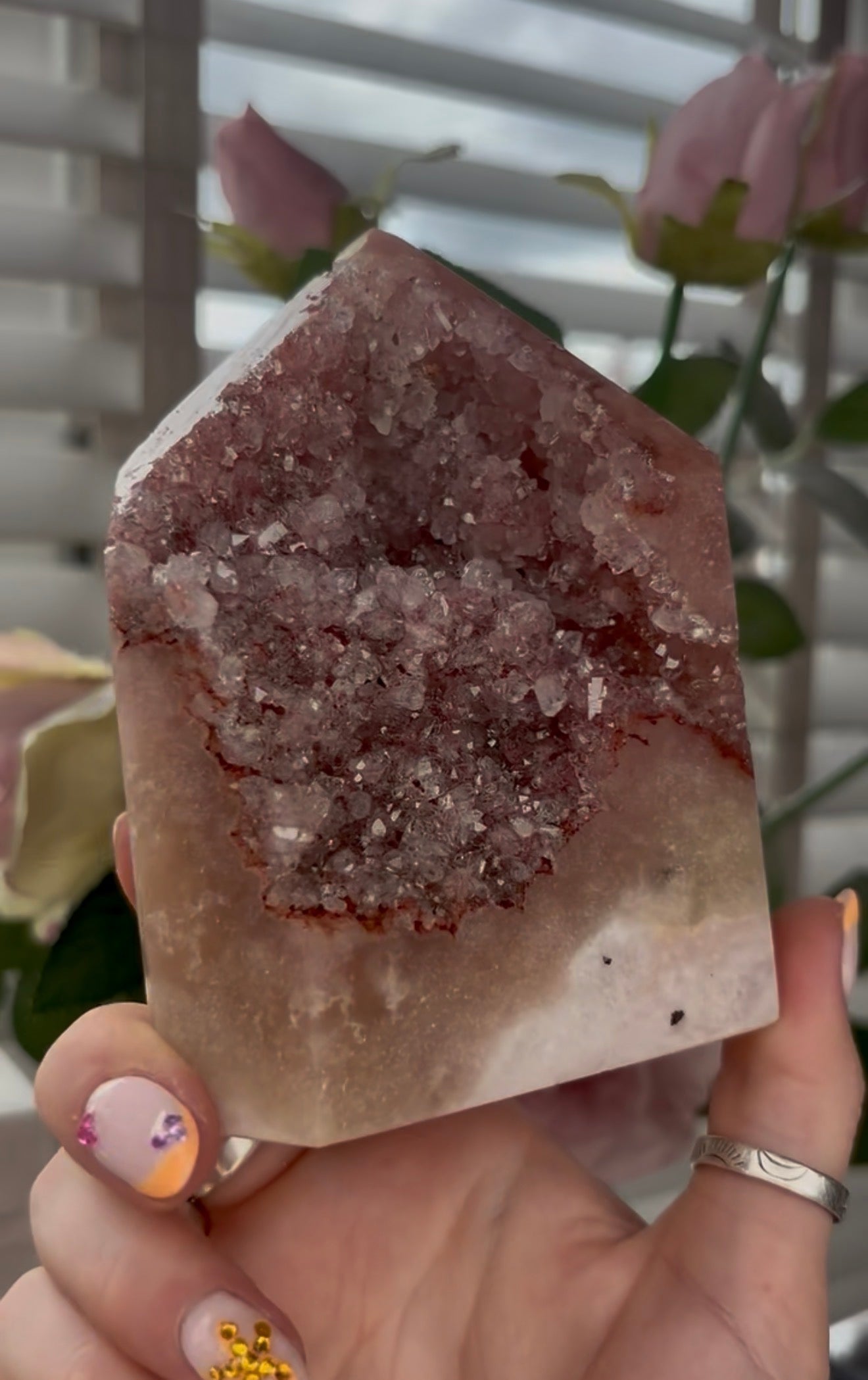 Pretty, high grade, Pink amethyst tower with gorgeous Druzy in burnt orange tones