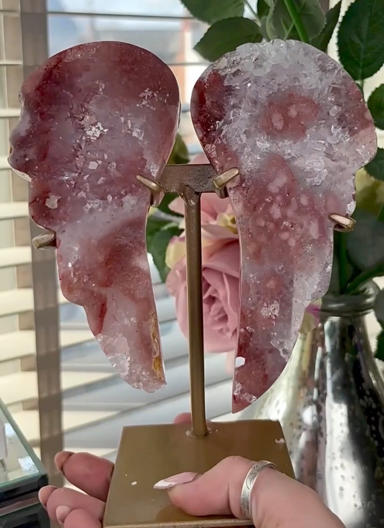 High quality, pink amethyst wings in reddish/deep pink tone - comes with stand