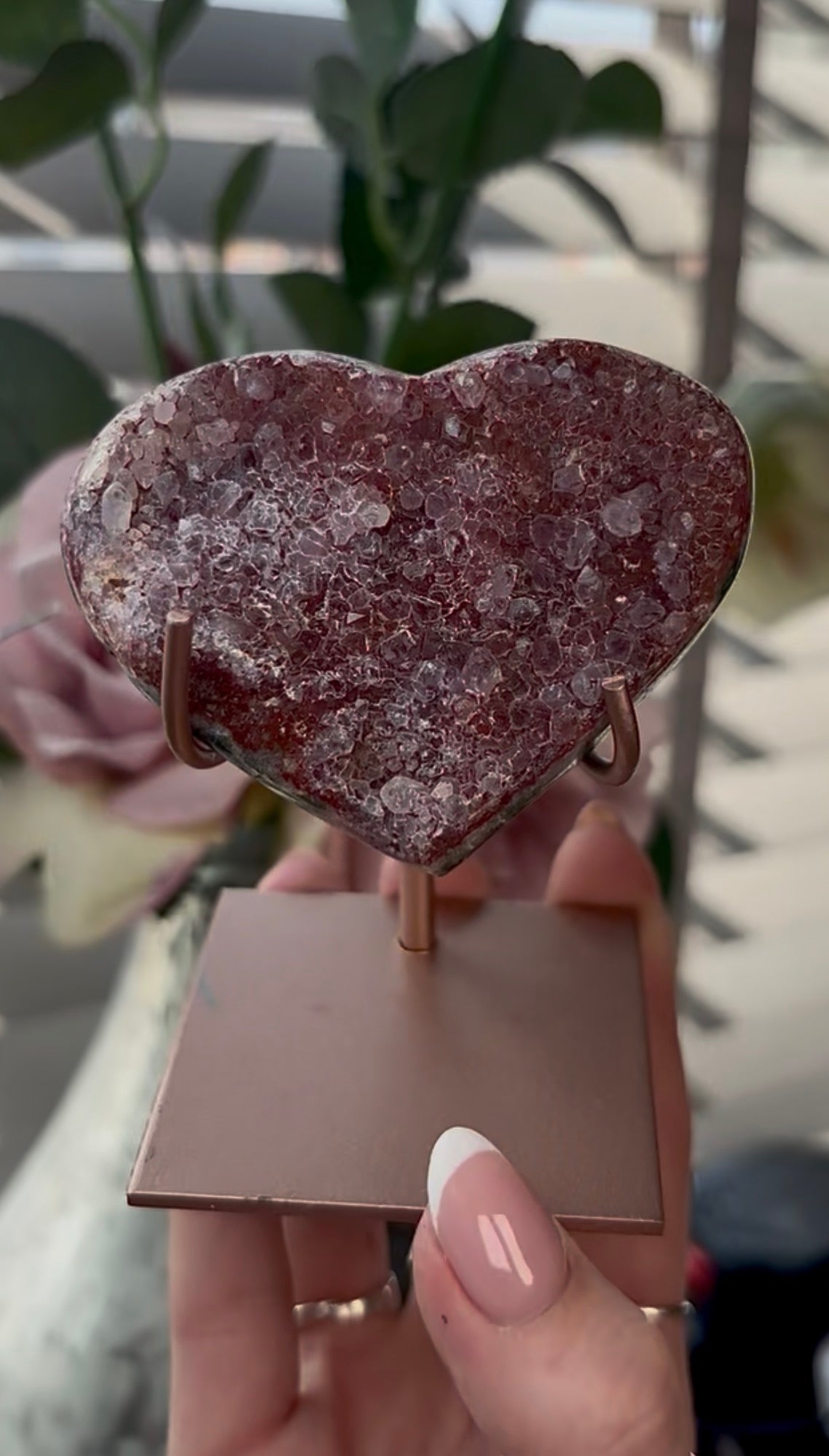 Gorgeous, pink amethyst heart with Jasper - comes with stand