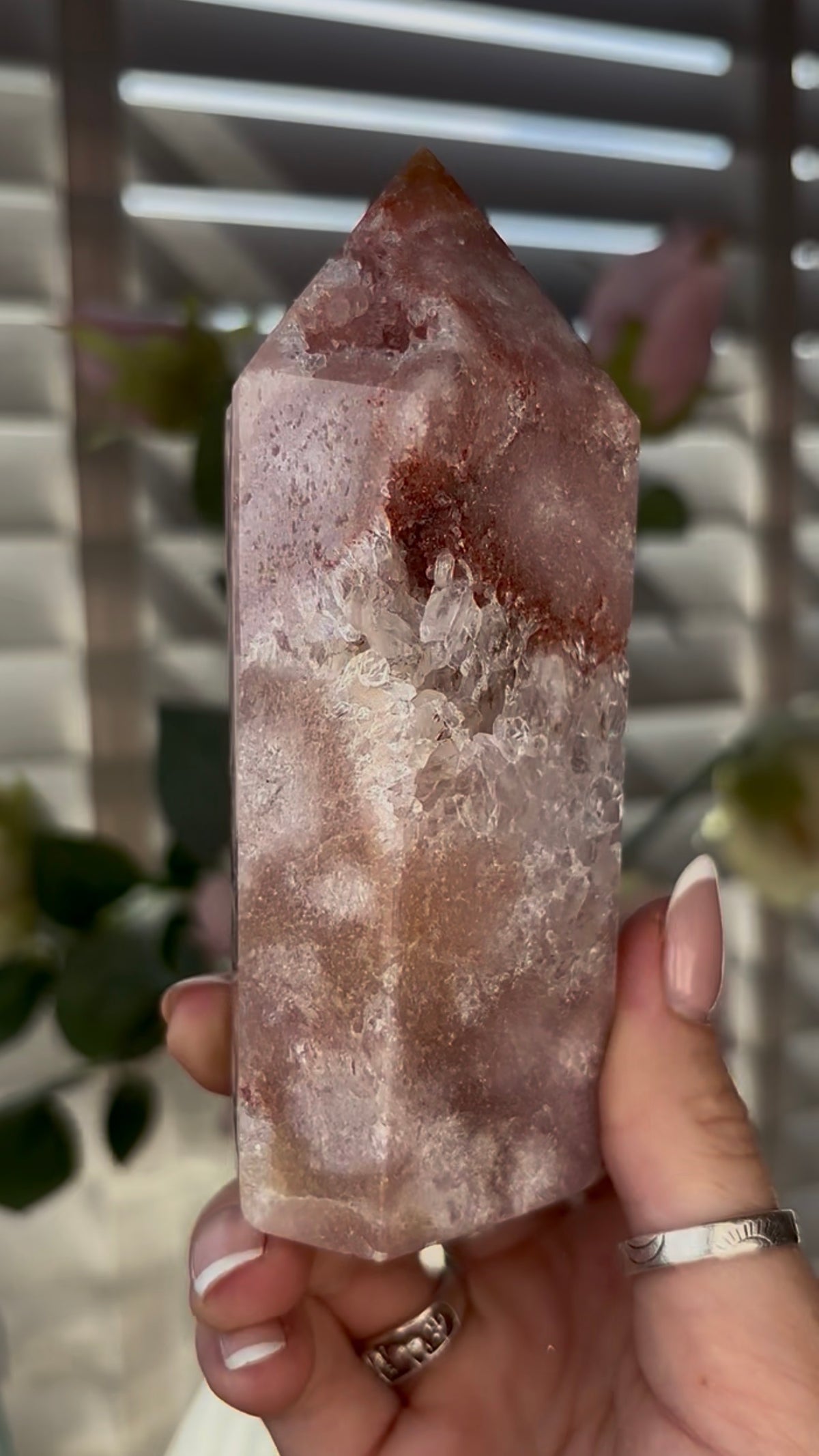 Beautiful, Pink amethyst tower with quartz 12.5cm(h) by 5cm(w)