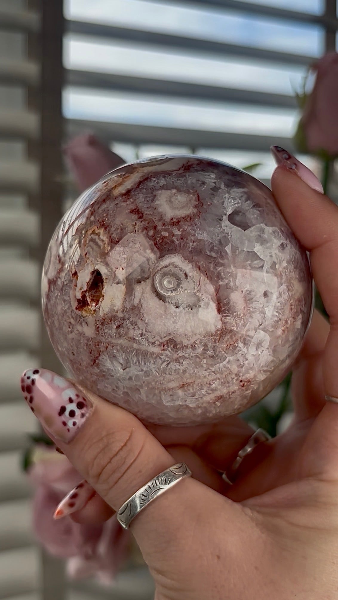 High grade, amethyst Flower agate sphere with high clarity quartz 8cm