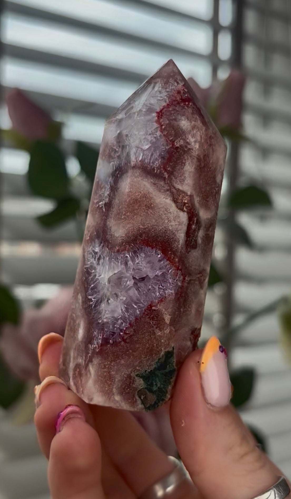 High quality, Pink amethyst tower, with quartz & Green jasper