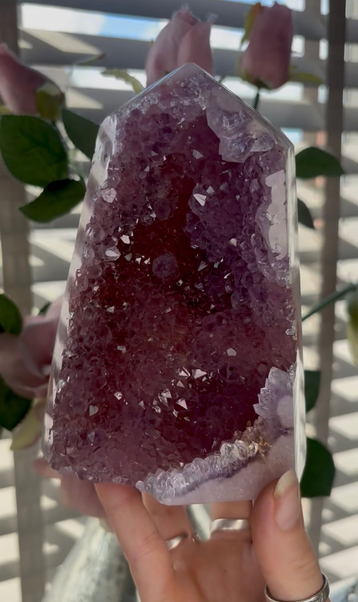 Beautiful, high quality, Pink amethyst tower in lilac tones with vibrant purple druzy