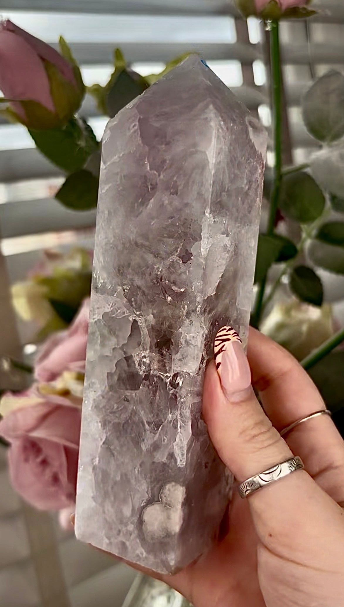 Stunning!! Super high quality, Druzy, green chlorite x blue flower agate tower