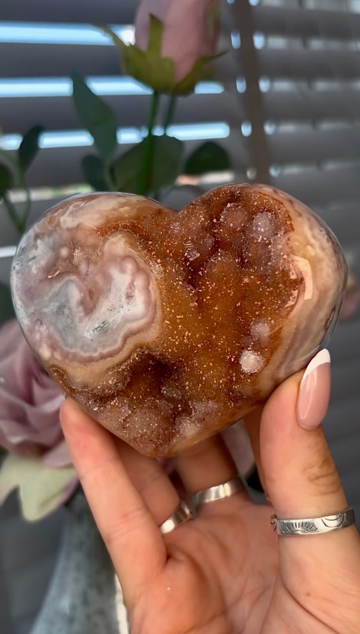 Gorgeous, druzy, golden pink amethyst heart with rutile back -comes with stand