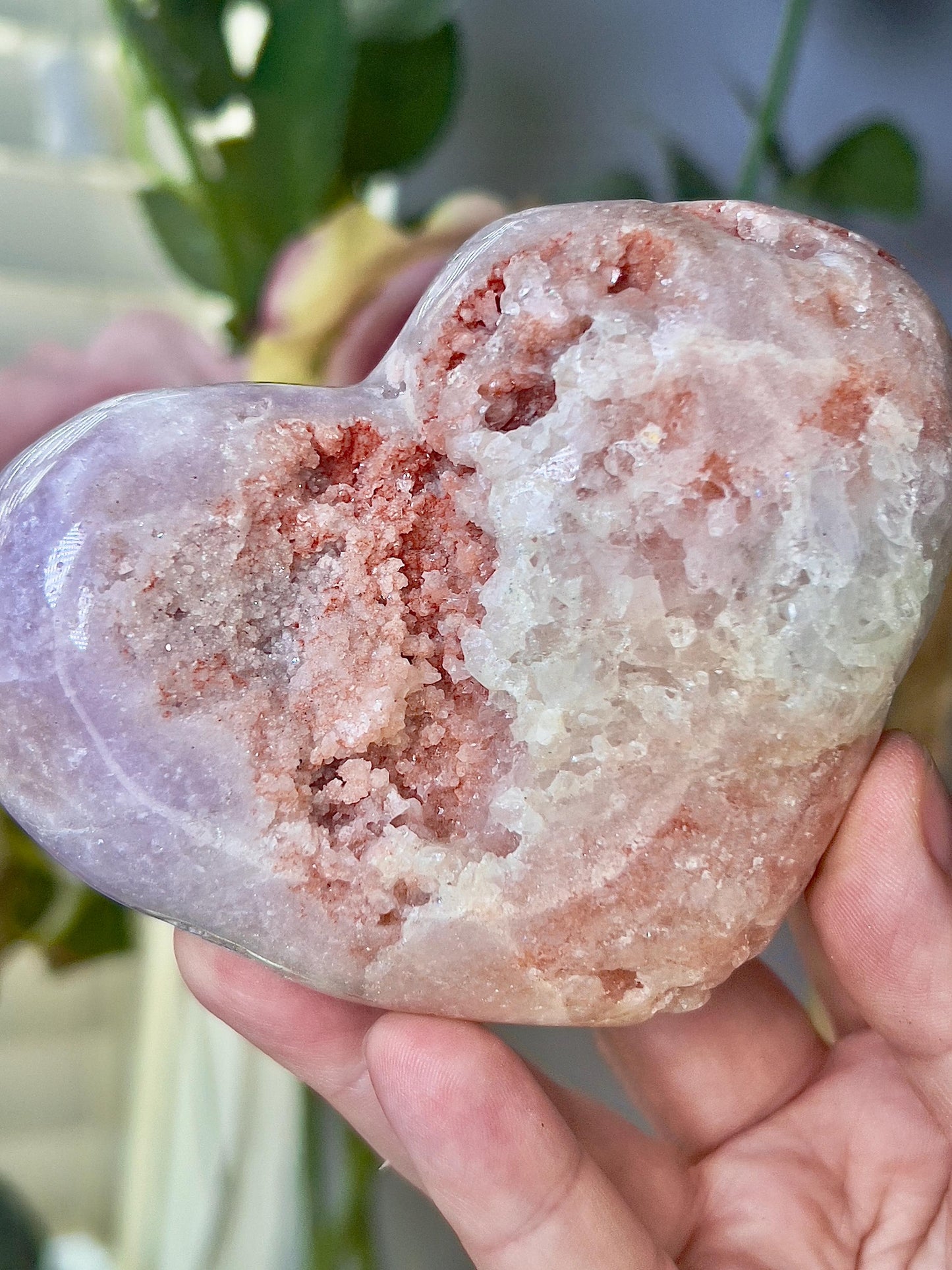 Pink amethyst heart in pink & peach tones with quartz and sugar druzy