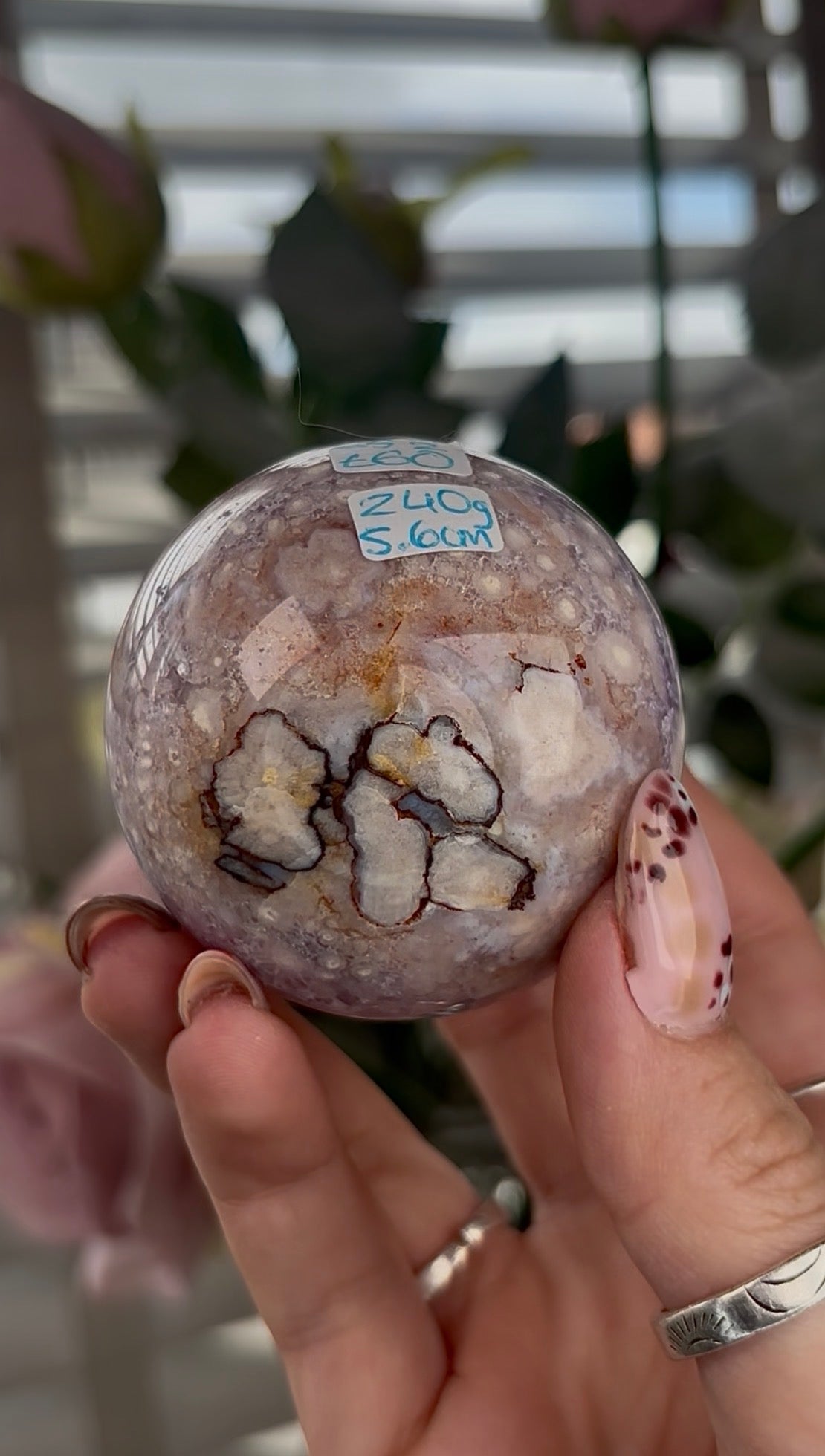 High grade, amethyst Flower agate sphere with druzy quartz- 5.5cm