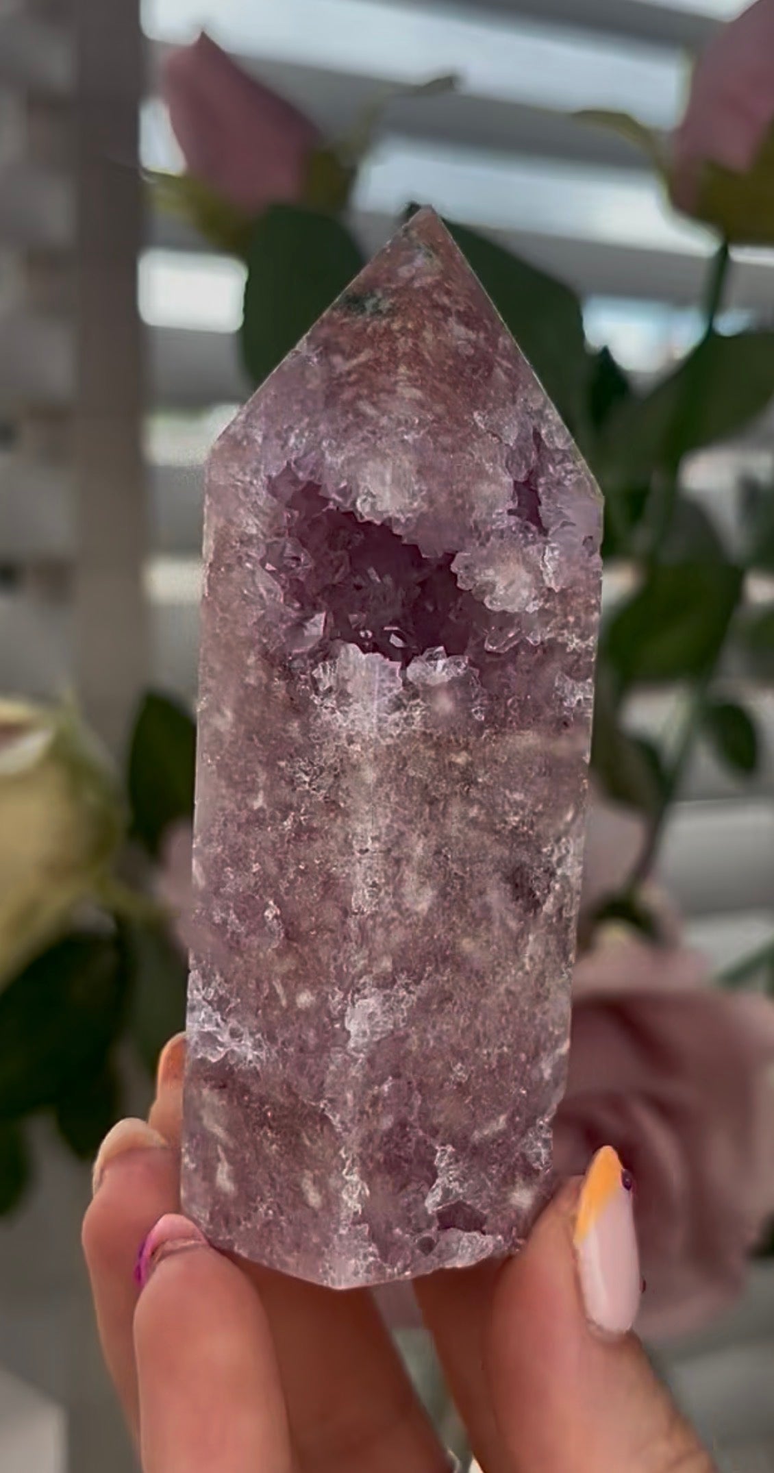 Pretty, Pink amethyst tower, with lilac quartz druzy