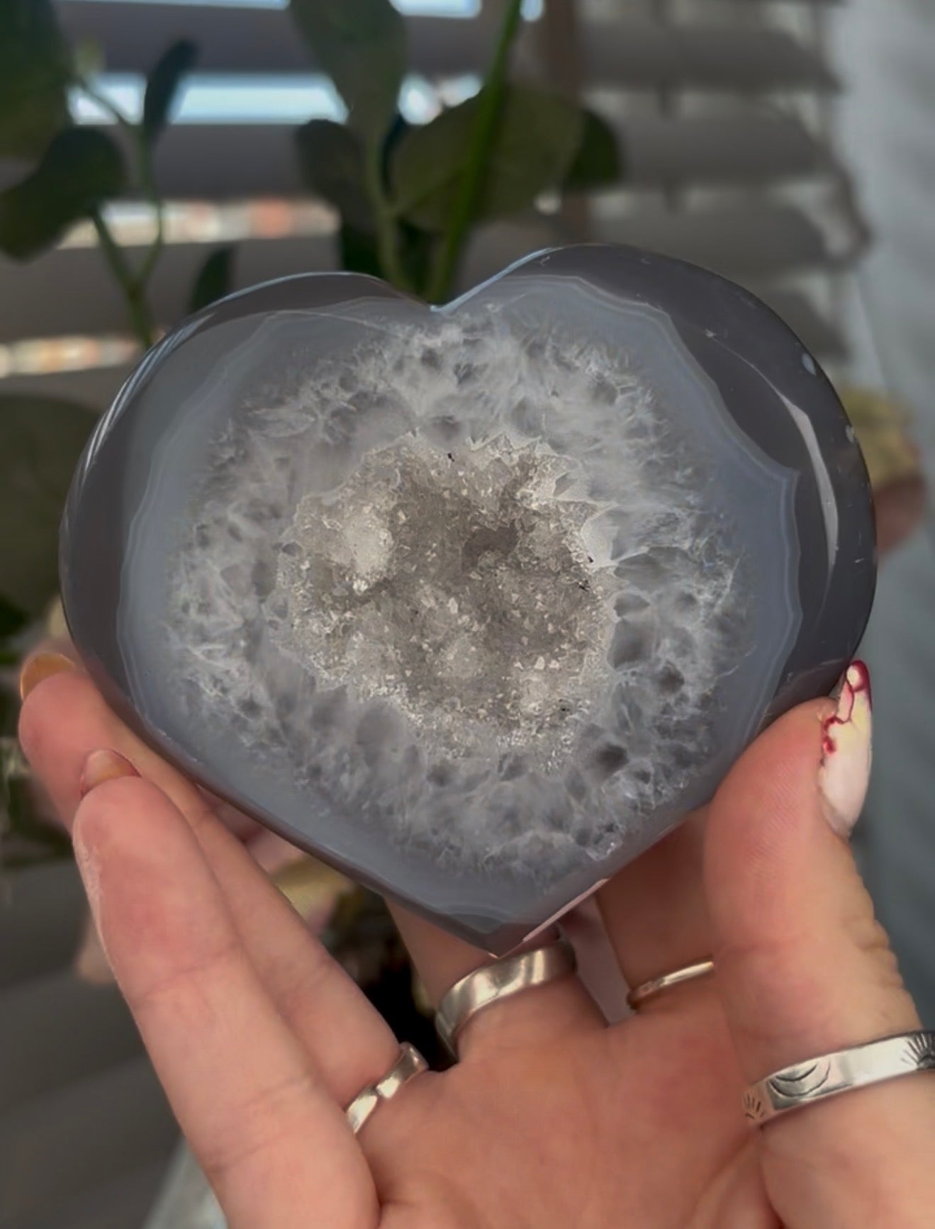 Beautiful, blue agate heart with druzy - stand included