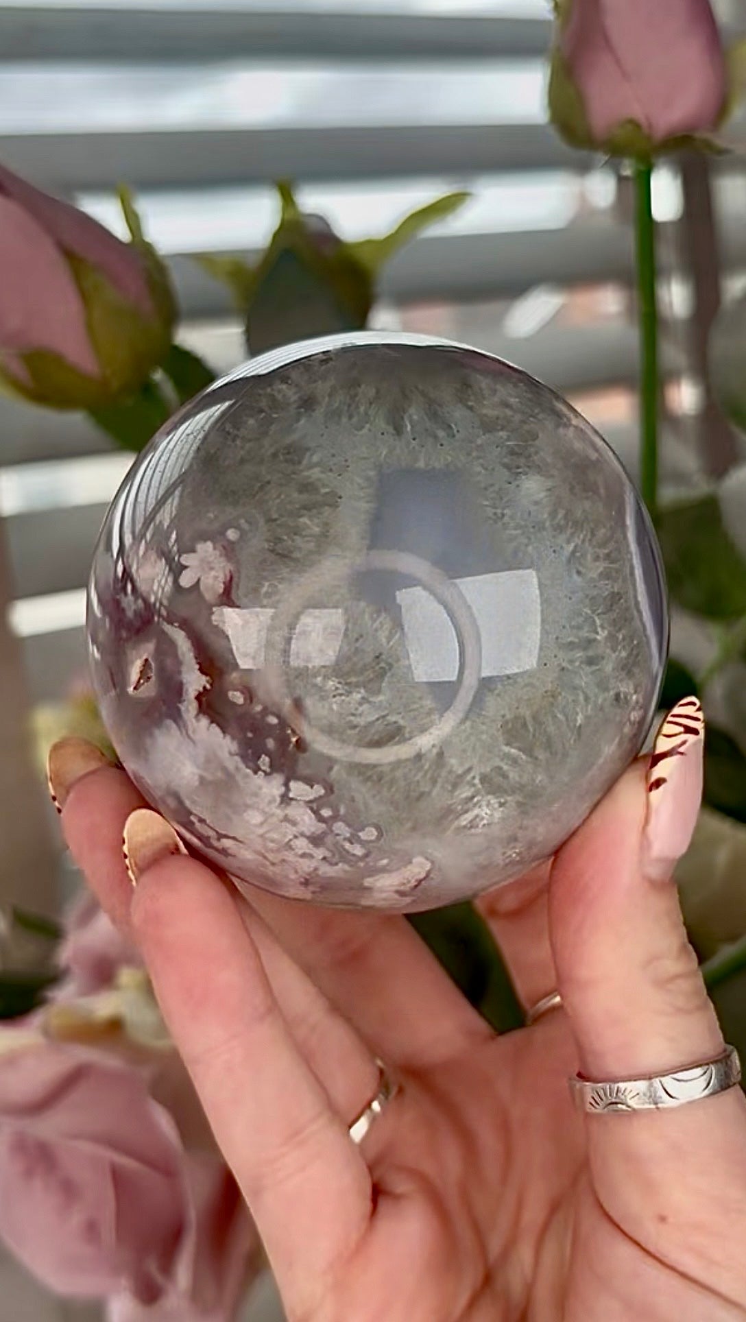 Stunning!! Super high quality, Druzy, green chlorite x blue flower agate sphere